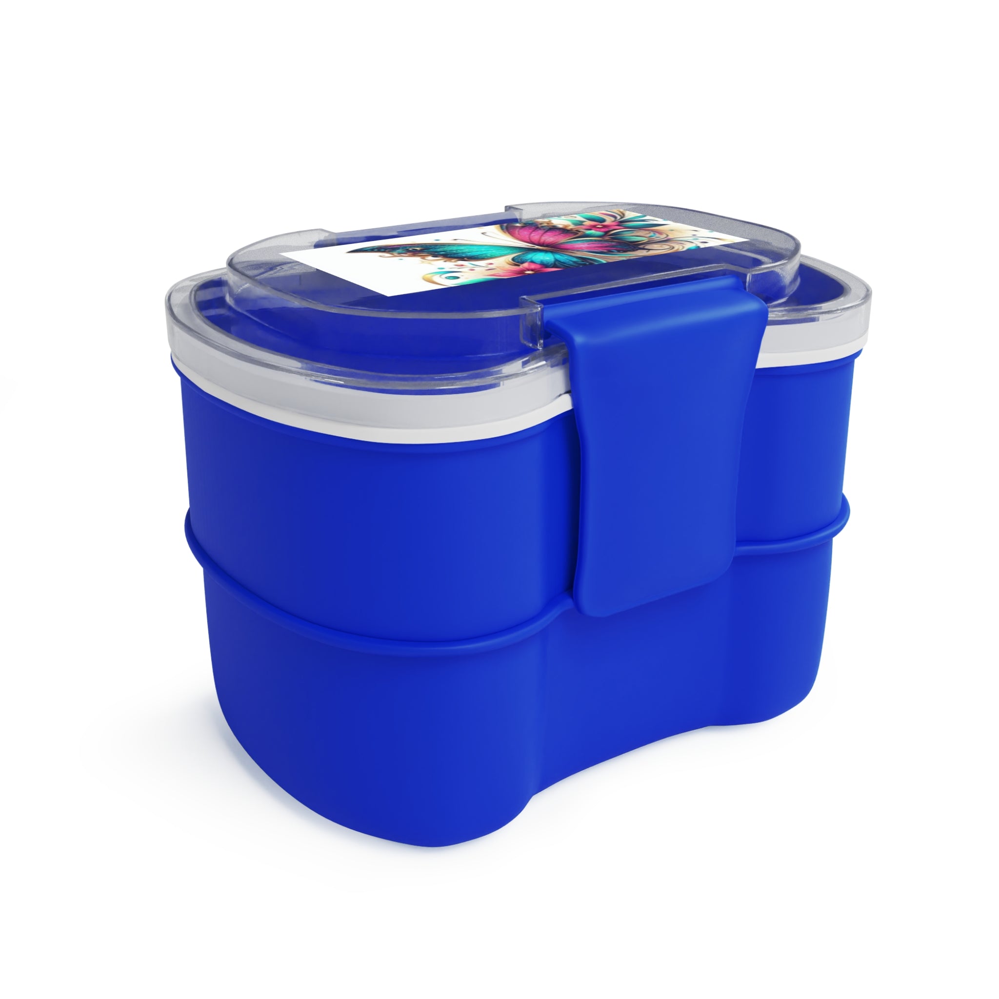 Contenitore bento a due scomparti blu, coperchio trasparente con immagine farfalla.