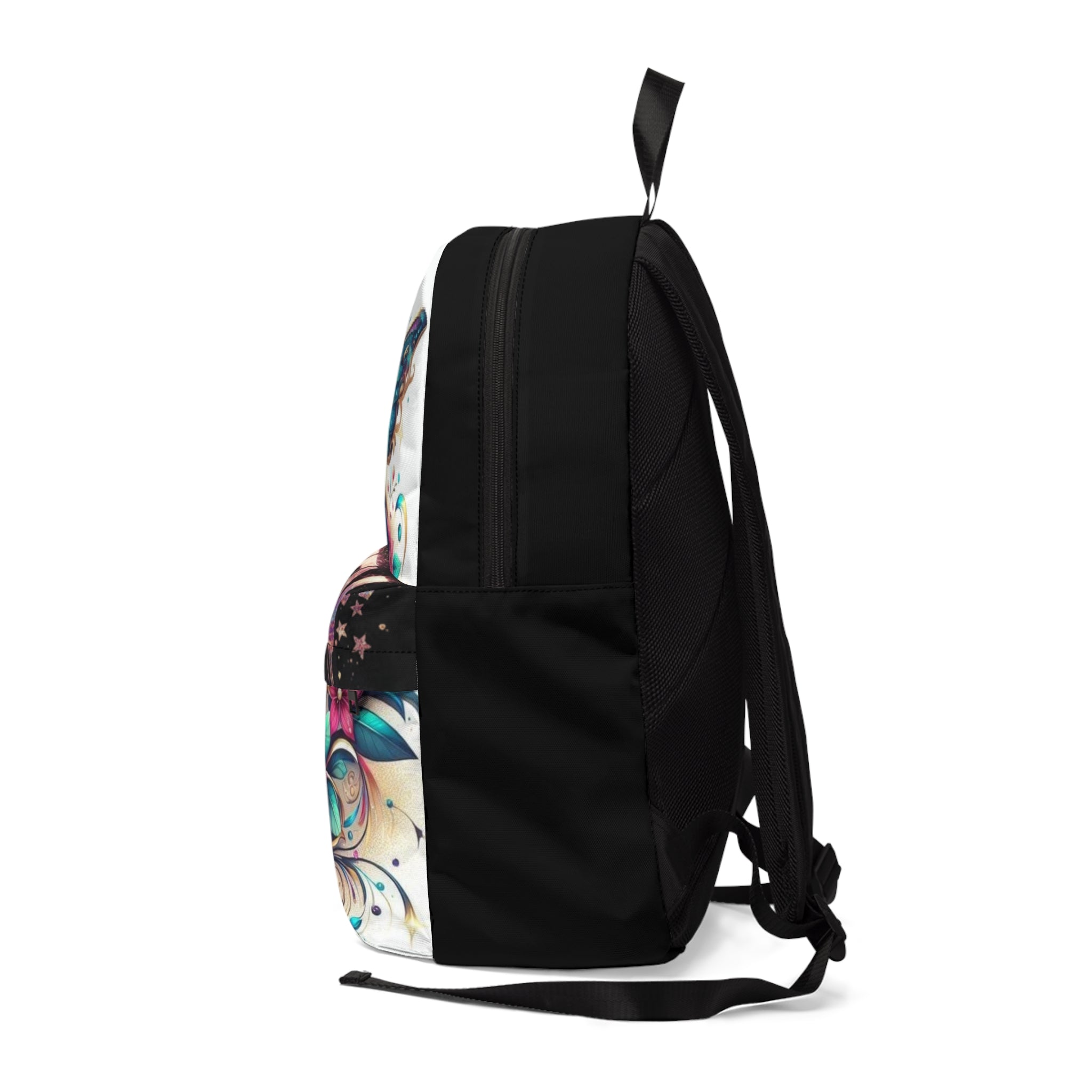 Zaino unisex con schienale e spallacci neri, tasca laterale bianca con stampa farfalle.