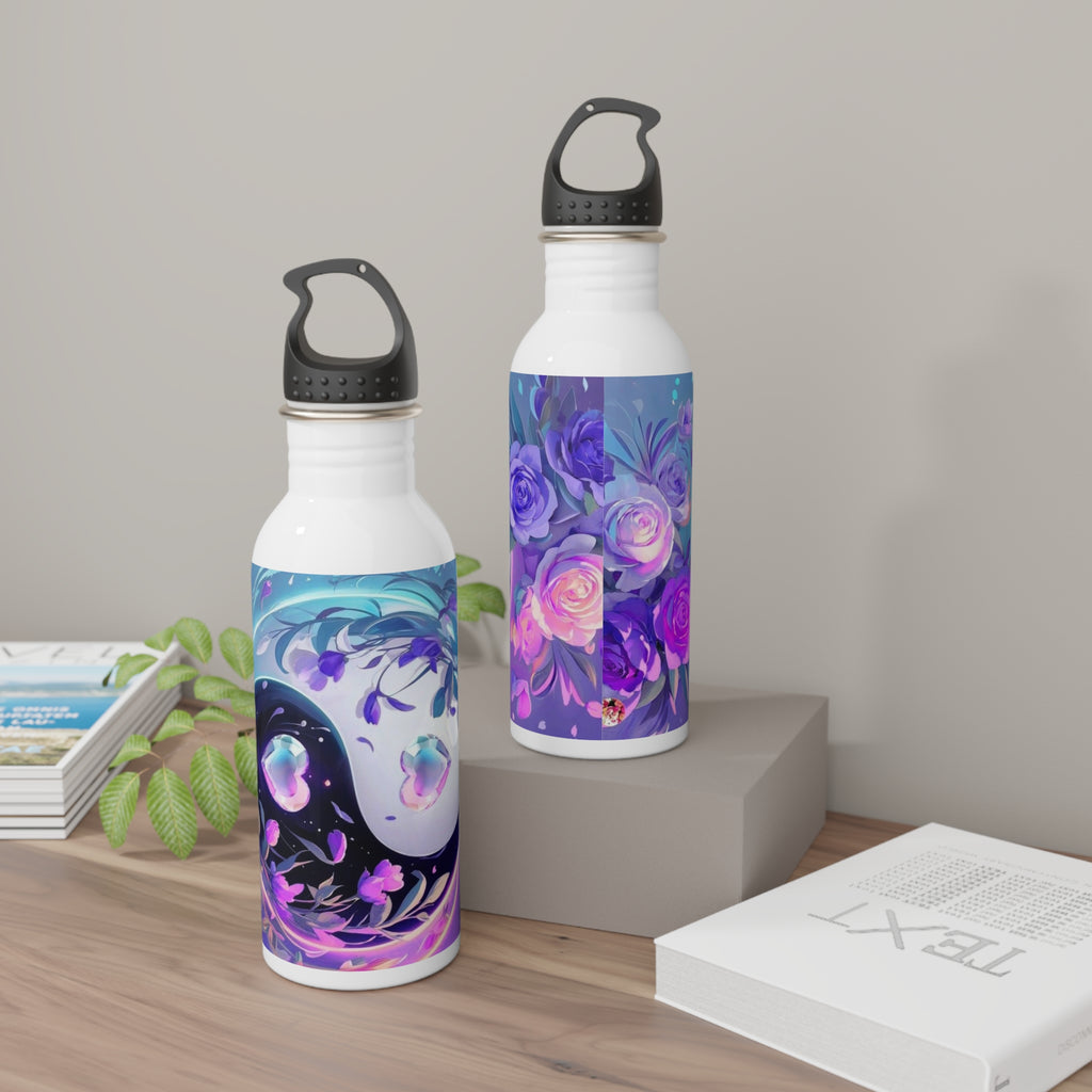 Set di 2 borracce d’acciaio inox bianche con stampa floreale viola-blu e tappi neri