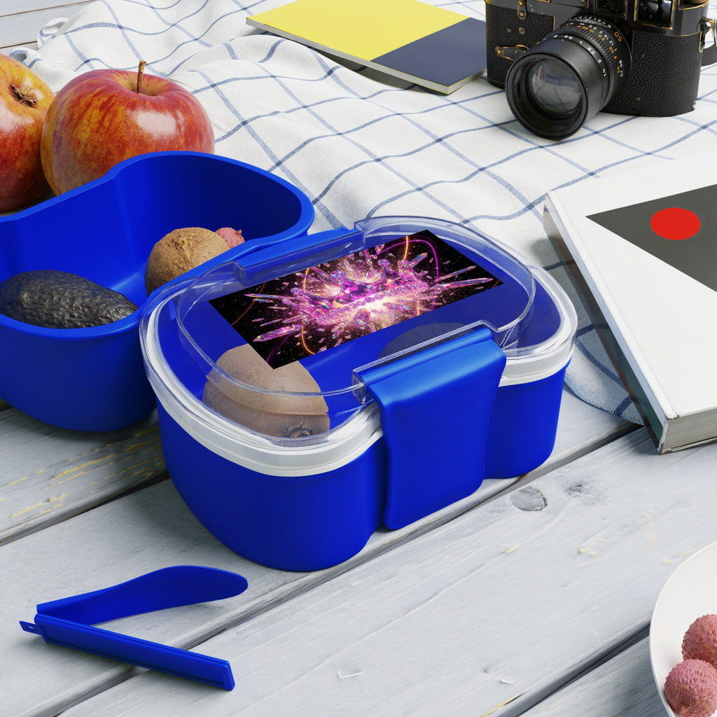 Scatola bento blu a due scomparti con coperchio trasparente aperto e chiusura