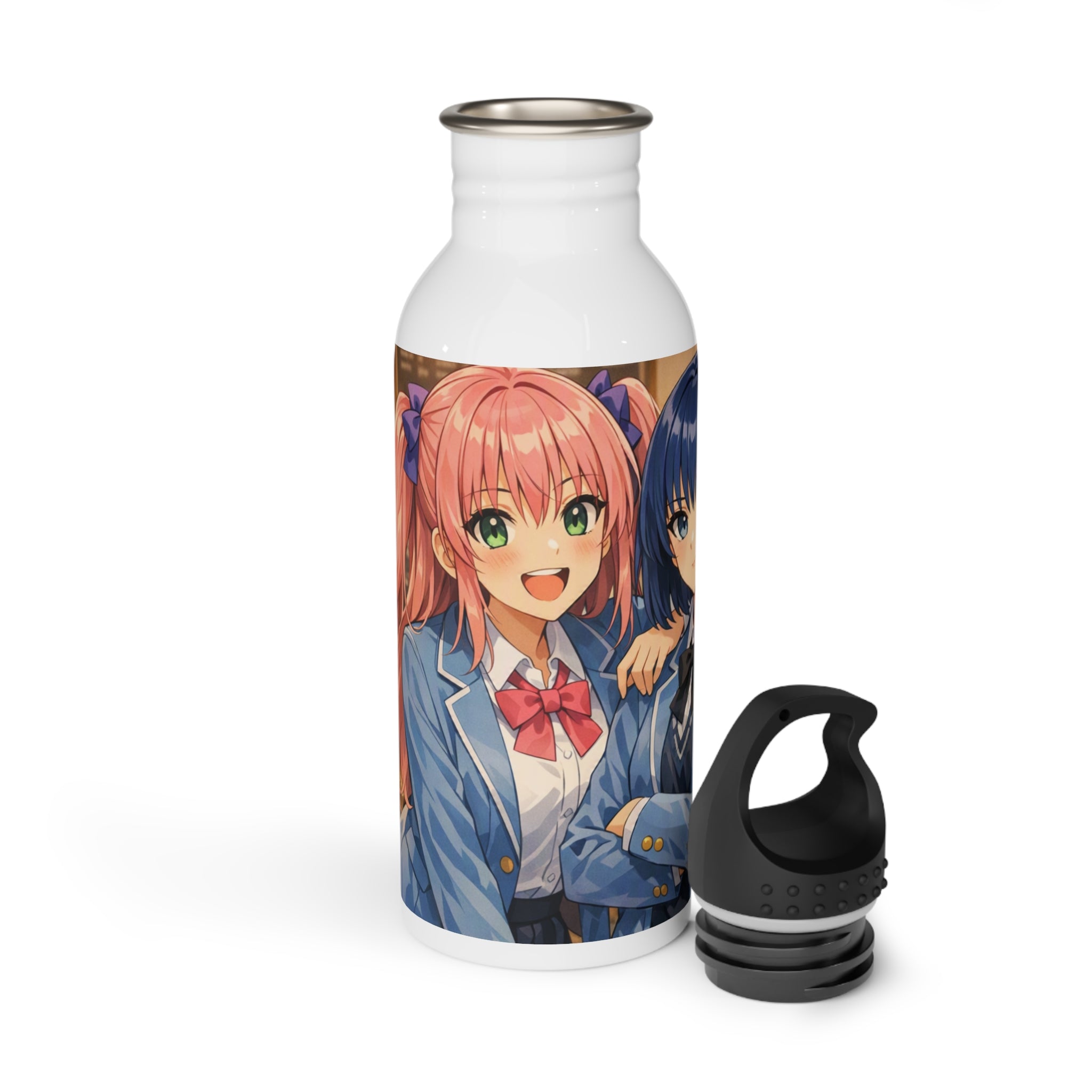 Bottiglia d’acqua in acciaio bianca con tappo nero staccato e stampa anime frontale.