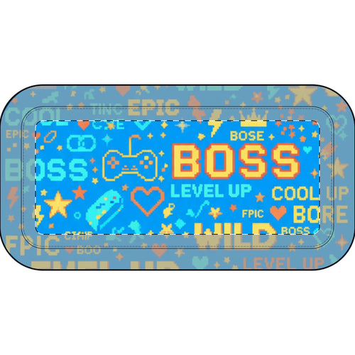Astuccio a bustina in poliestere blu con zip e grafica multicolore