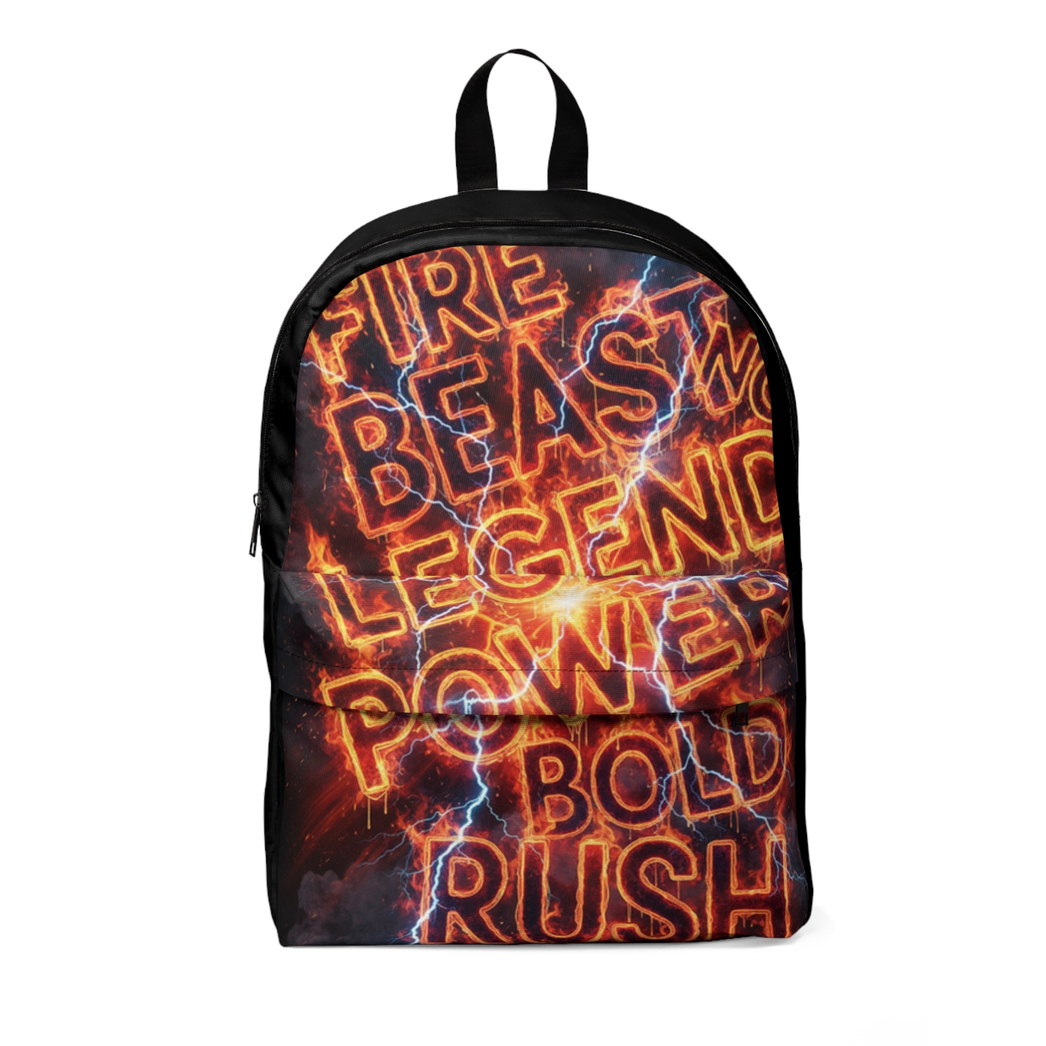 Zaino unisex nero con grafica colorata e scritte luminose frontali
