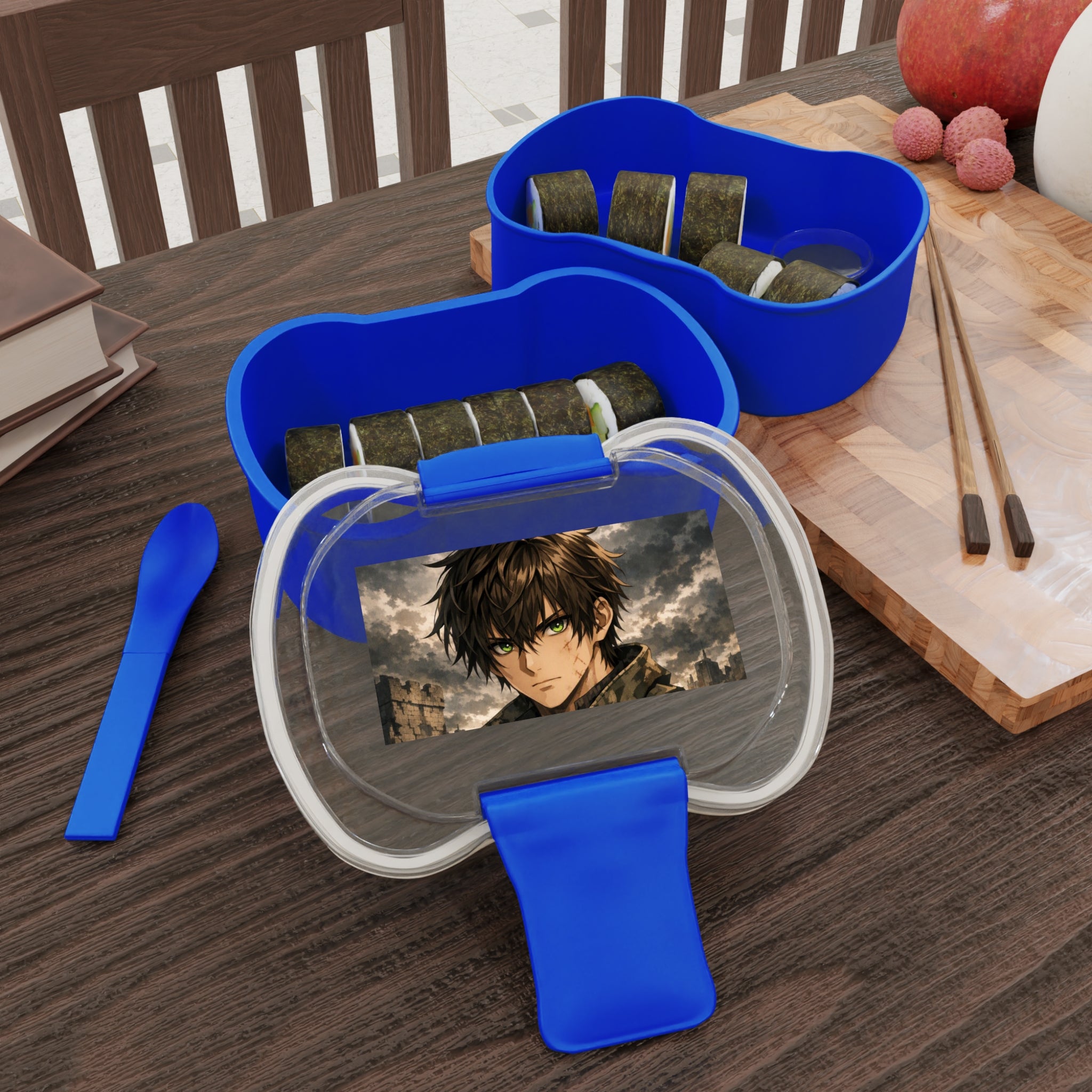 Bento blu a due livelli su tavolo con coperchio aperto e contenuto a vaschette.