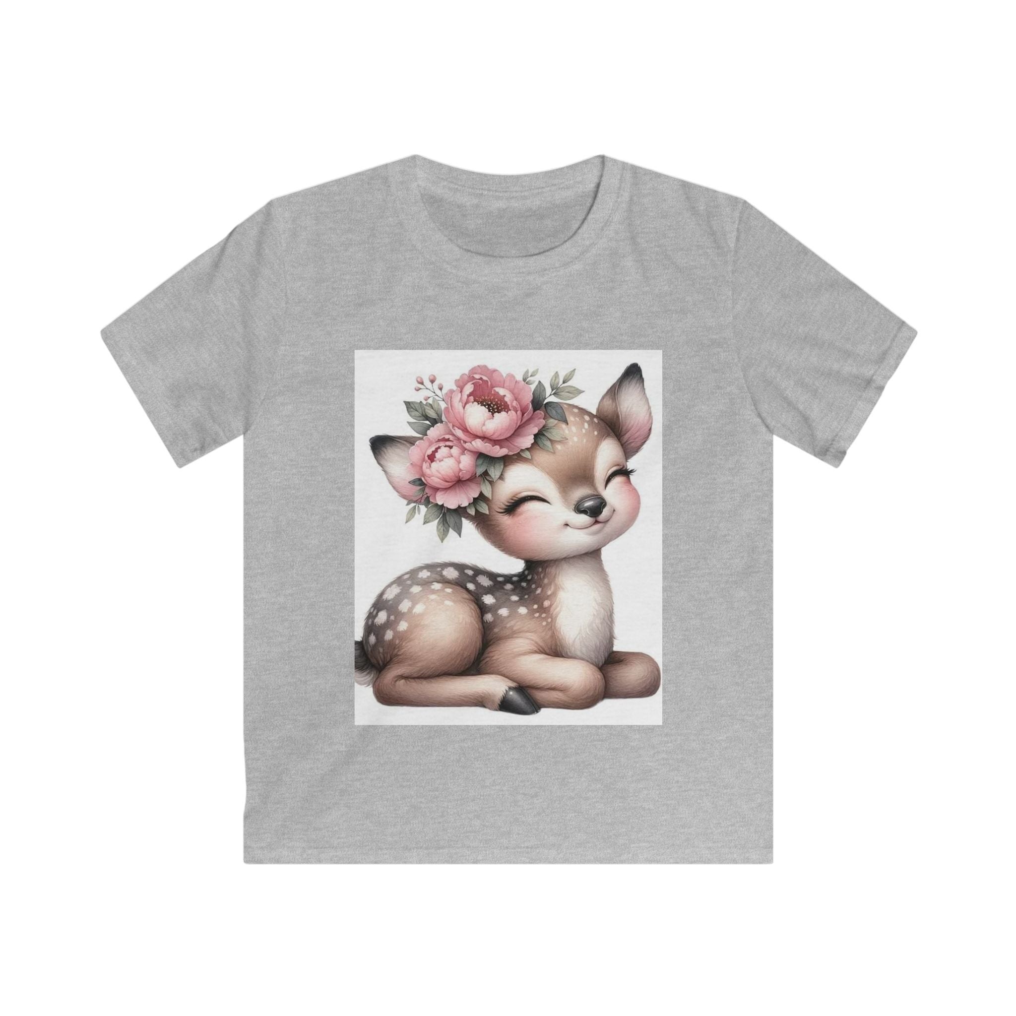 T-shirt bambino grigio chiaro con stampa cerbiatto e fiori rosa in riquadro