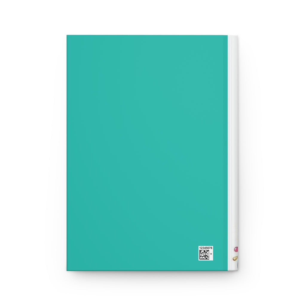 Copertina rigida opaca color turchese con etichetta QR sul lato destro