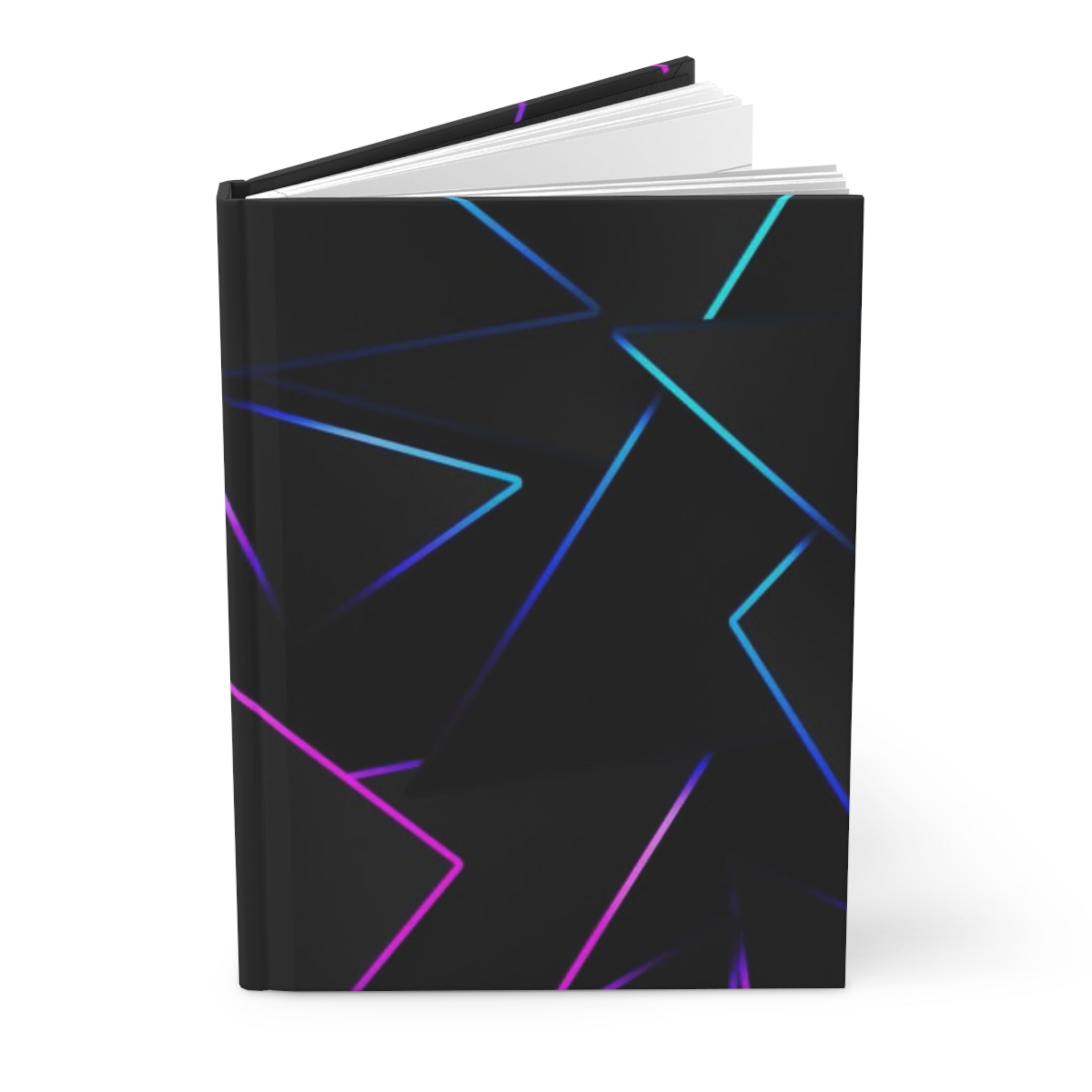 Quaderno hardcover nero opaco con grafica astratta blu e rosa, vista laterale.