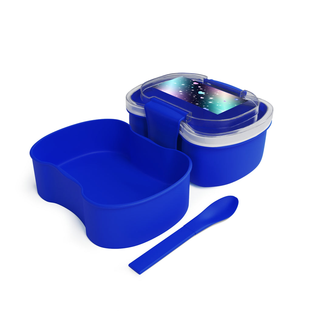 Contenitore bento a due livelli blu con due vaschette separate e coperchio trasparente