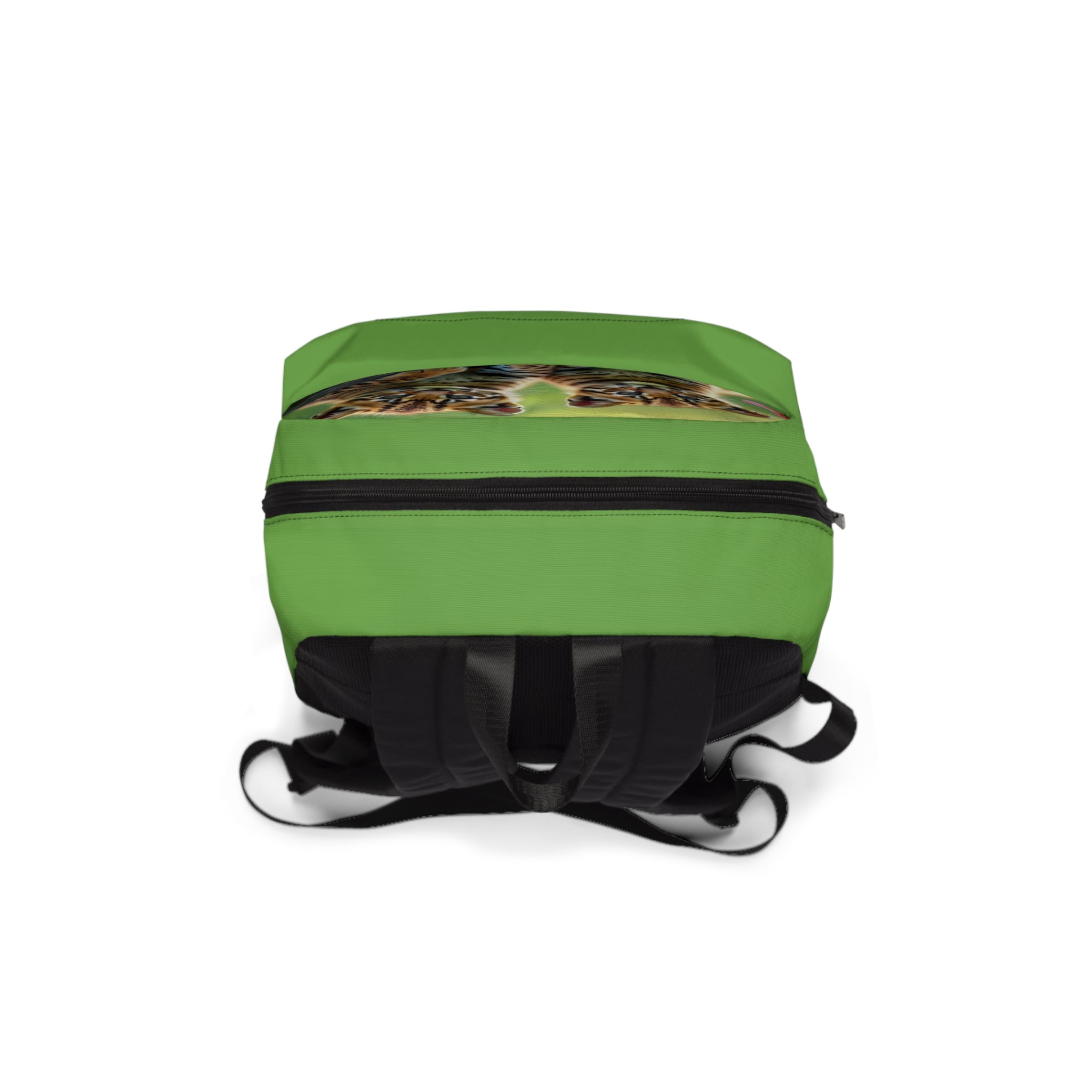 Zaino verde unisex con scomparto superiore e spallacci neri, tasca frontale con tigri