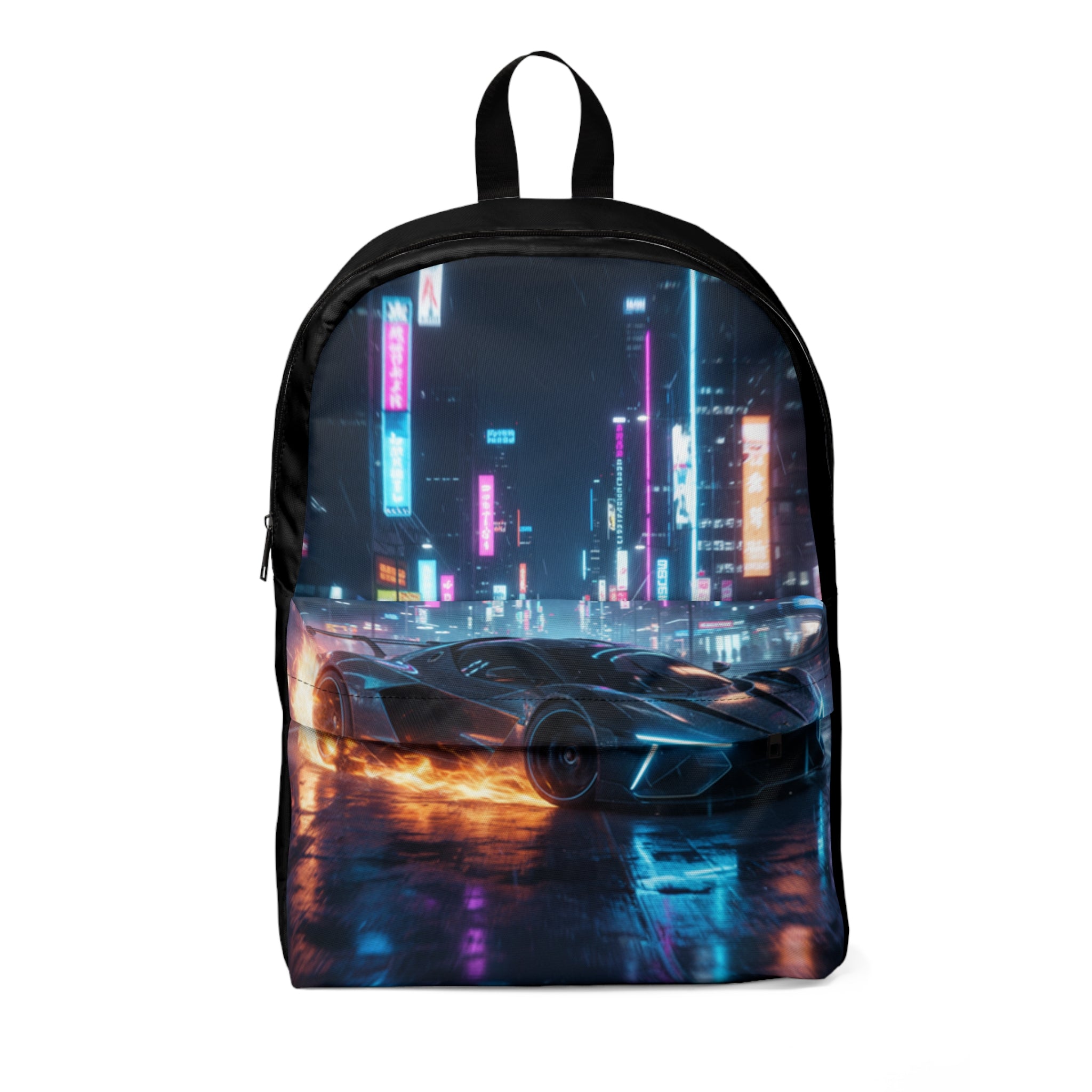 Zaino unisex con stampa città notturna e scomparto frontale, chiusura con zip