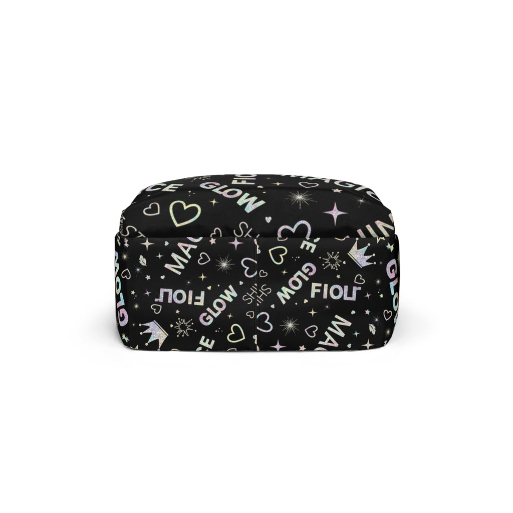 Zaino unisex nero con stampa multicolore stile glow e scritte sul tessuto