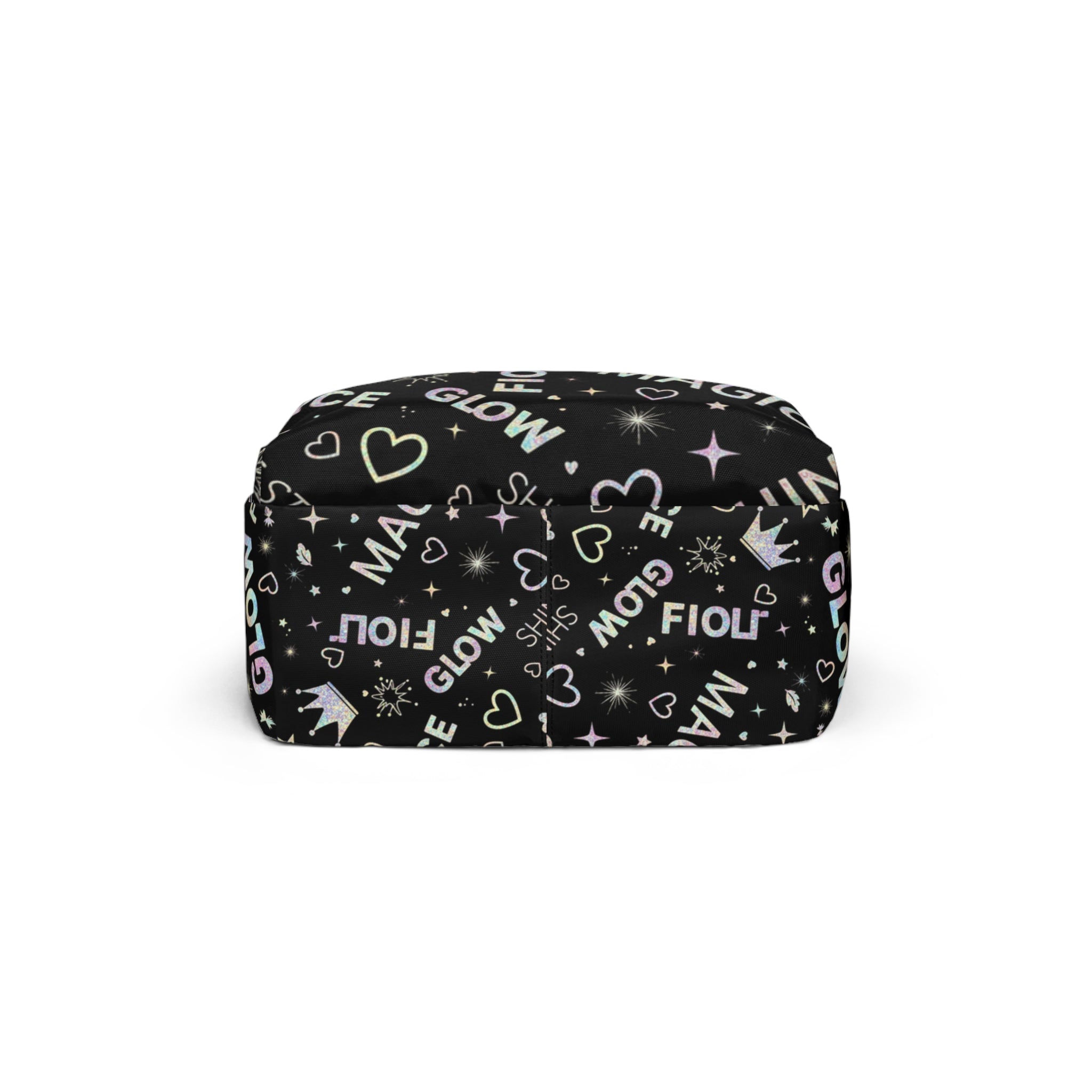 Zaino unisex nero con stampa multicolore stile glow e scritte sul tessuto