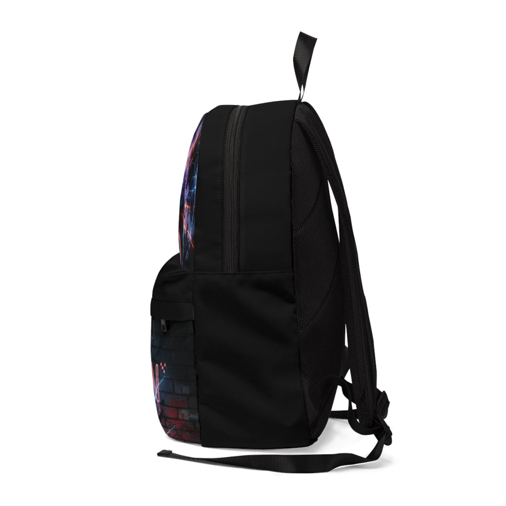 Zaino nero unisex con tasca laterale e dettagli grafici colorati sul fianco.