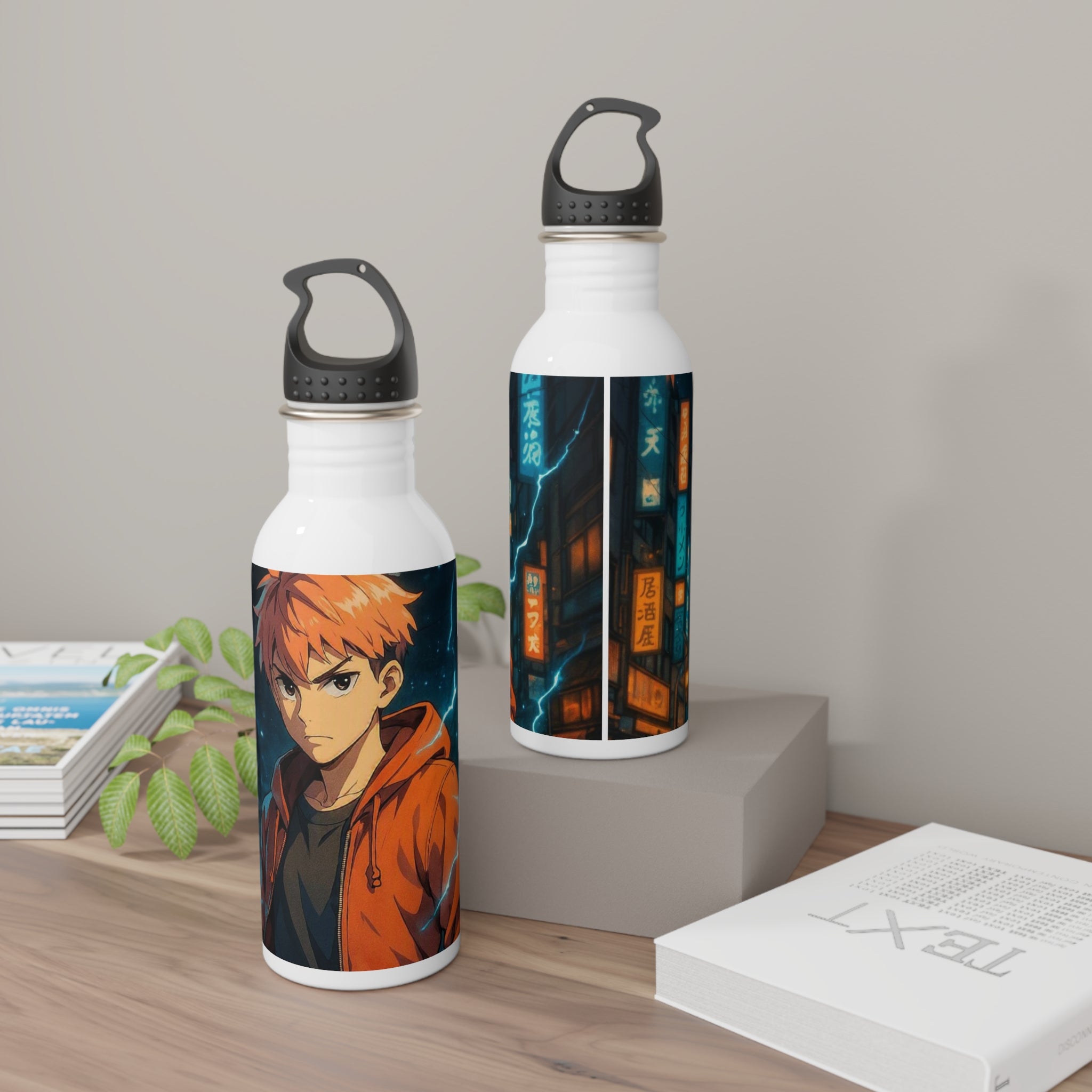 Set di due borracce d’acciaio bianche con tappo nero e grafiche arancione e blu