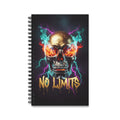Siyah spiral defter, kafatası ve renkli alev grafiği, 'NO LIMITS' yazılı