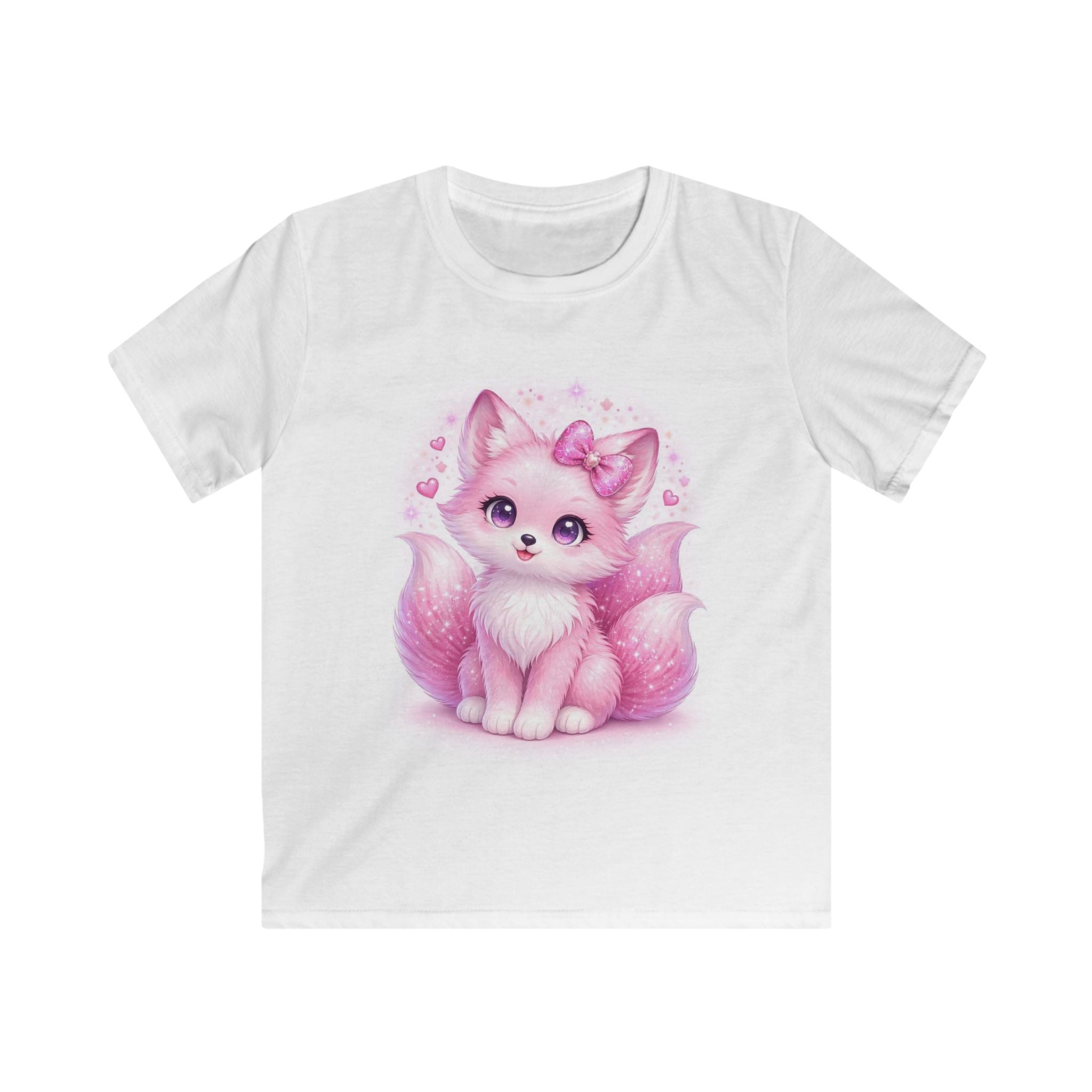 T-shirt bambino bianca con stampa gattino rosa e fiocco sul petto