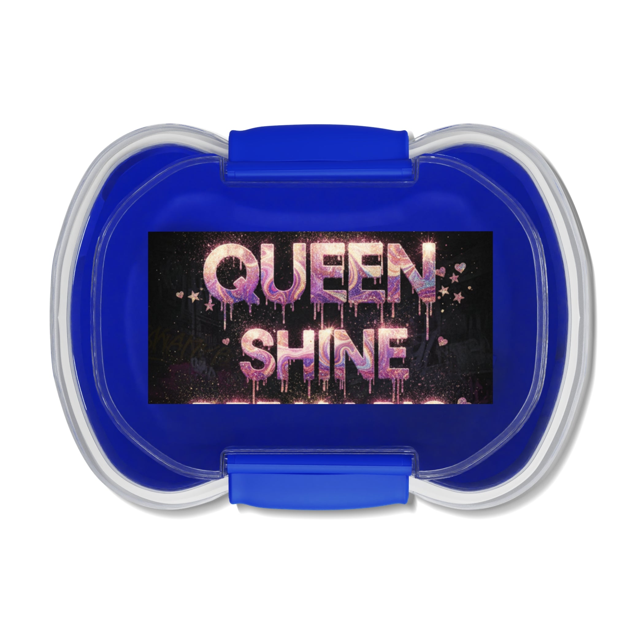 Contenitore bento a due livelli blu con coperchio trasparente e grafica QUEEN SHINE