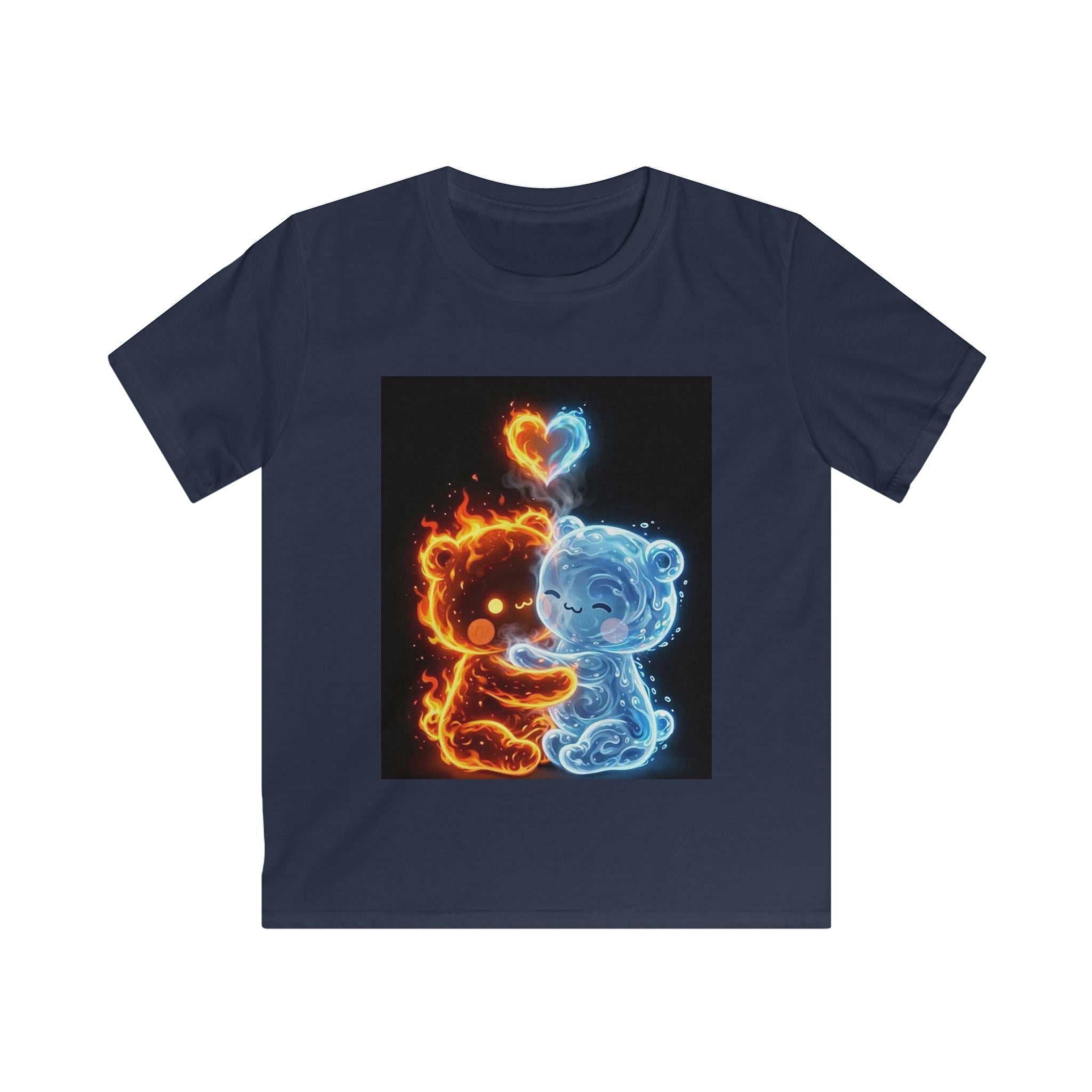 Maglietta bambino blu scuro con stampa cuore fuoco arancione e blu, quadrata