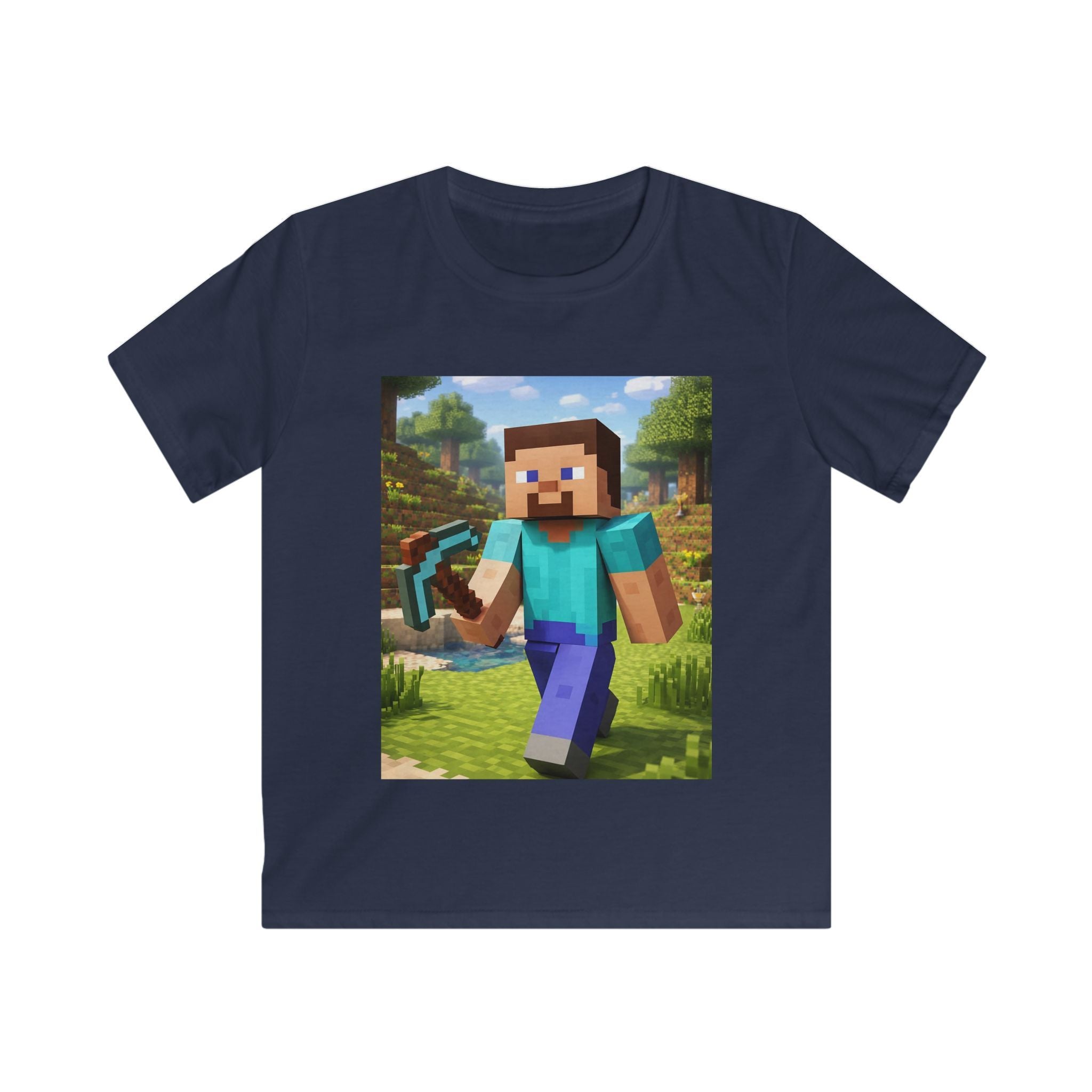 T-shirt bambino blu scuro con stampa quadrata di personaggio Minecraft