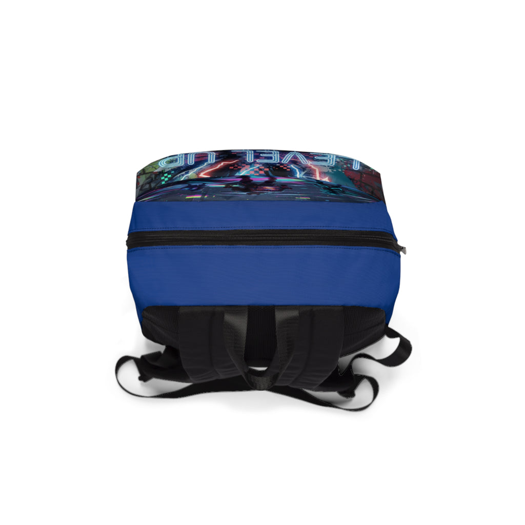 Zaino unisex blu con schienale imbottito e spallacci neri, base con chiusura