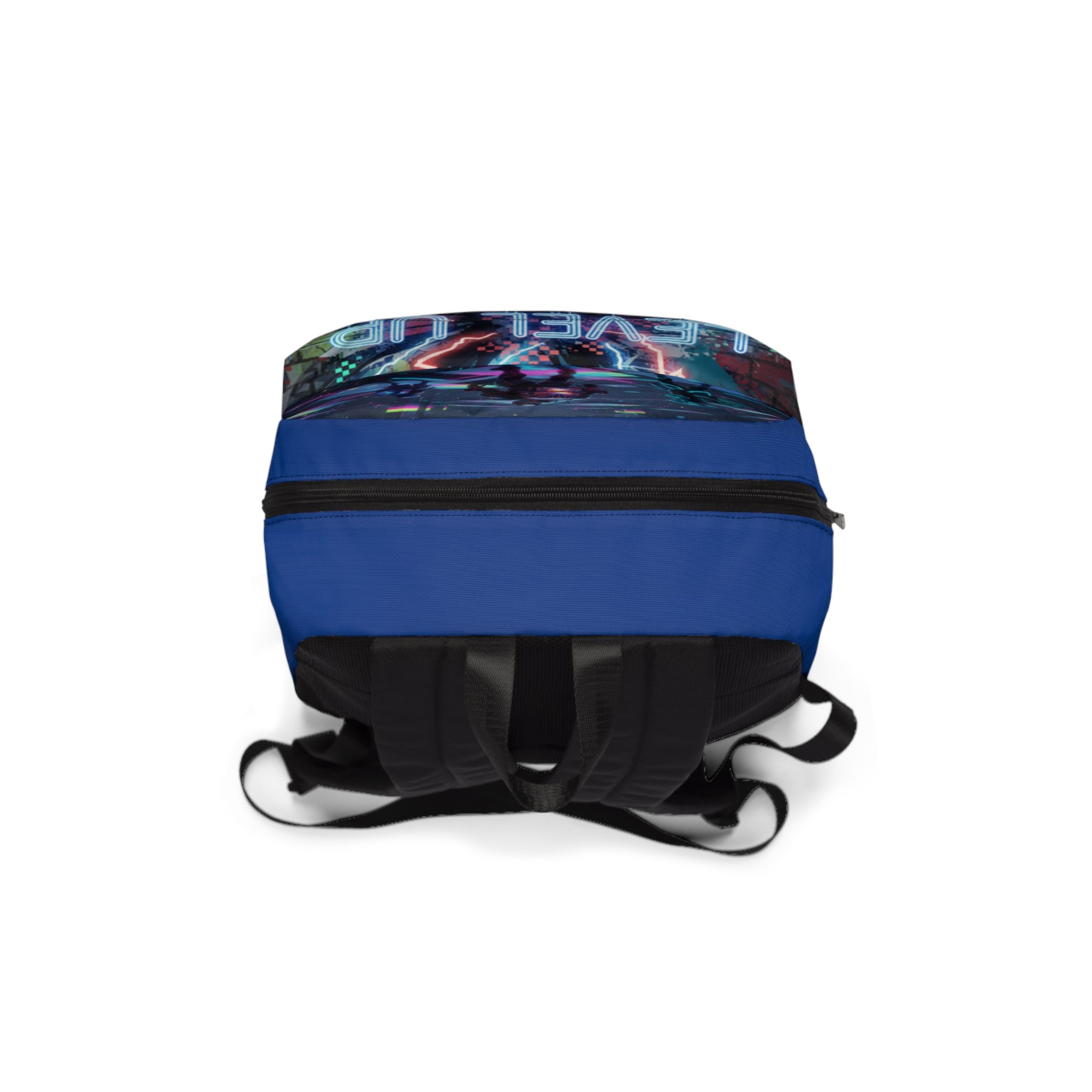Zaino unisex blu con schienale imbottito e spallacci neri, base con chiusura