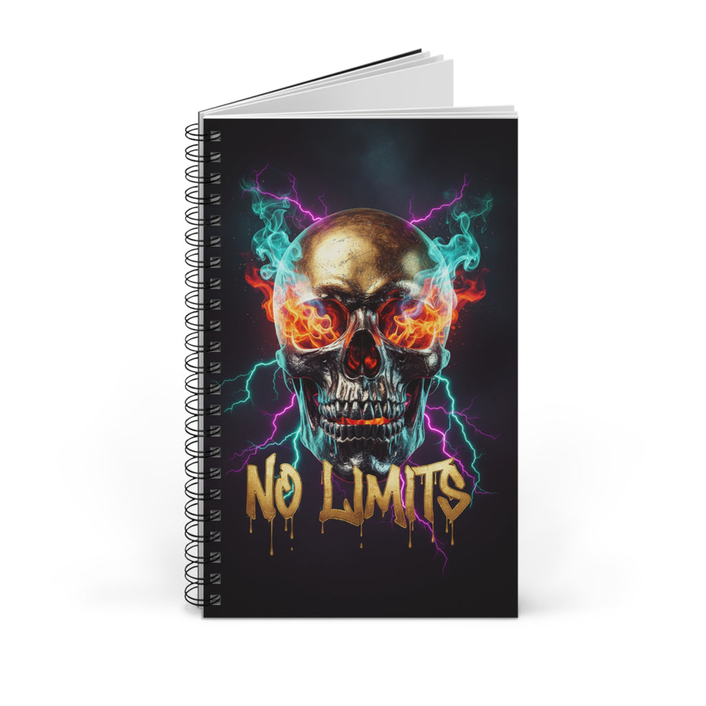 Siyah spiral defter kapağı, kafatası alev grafiği ve 'NO LIMITS' yazısı