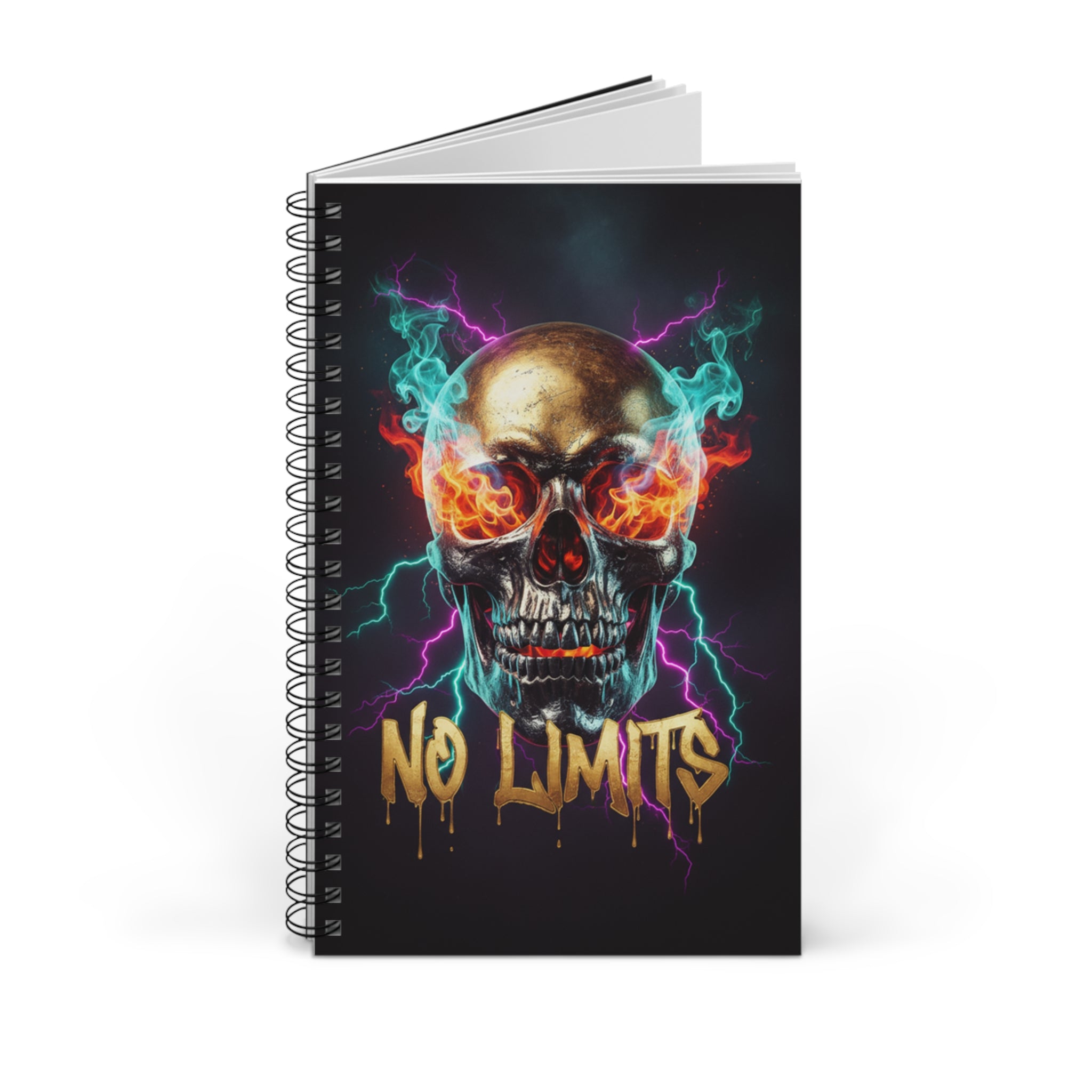 Siyah spiral defter kapağı, kafatası alev grafiği ve 'NO LIMITS' yazısı