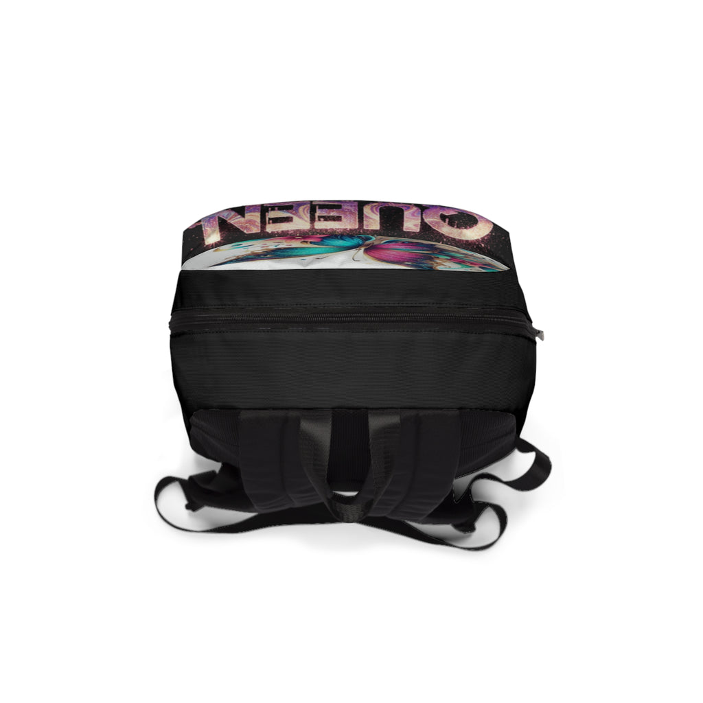 Zaino unisex nero con stampa farfalle sul bordo superiore, cerniere e fibbie frontali.
