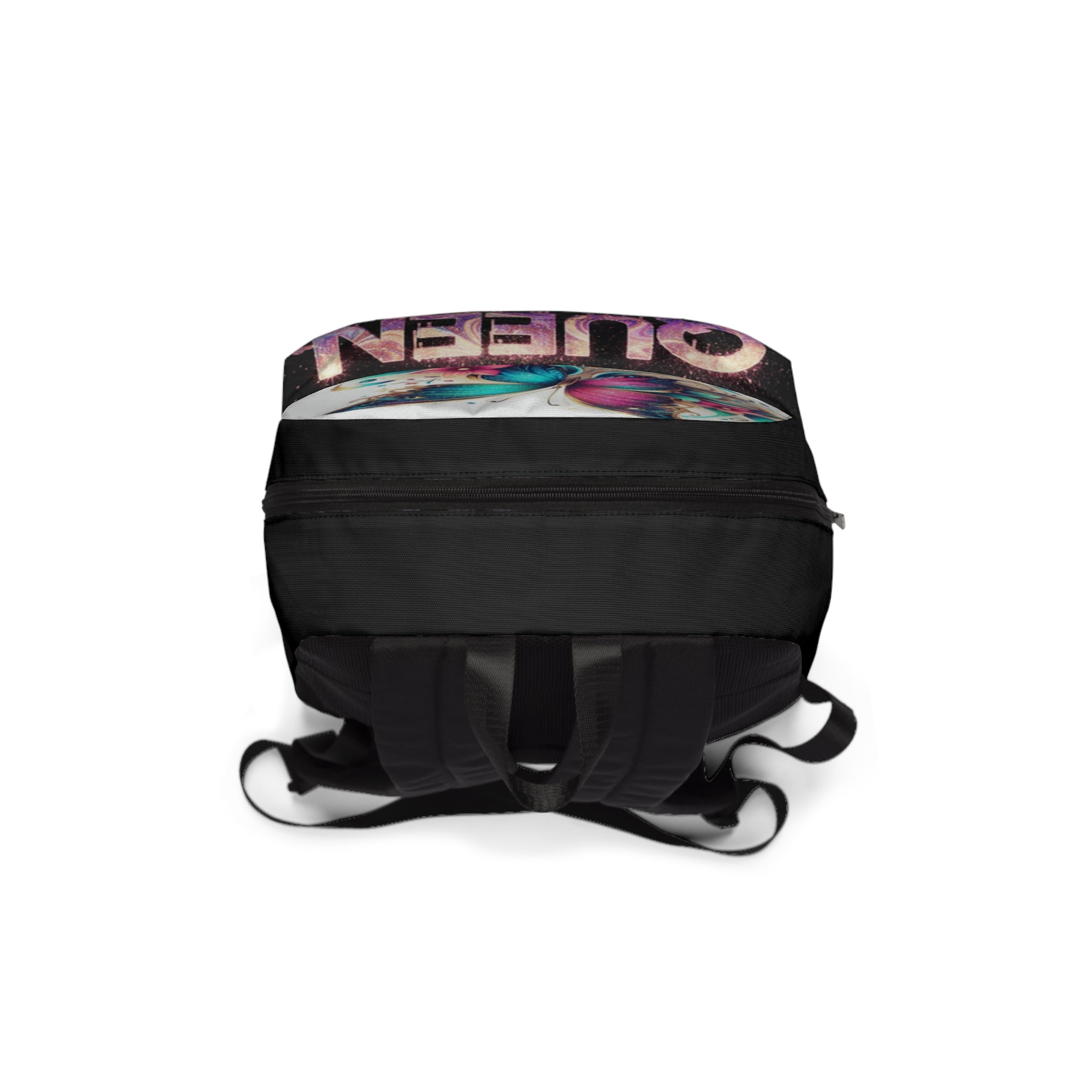 Zaino unisex nero con stampa farfalle sul bordo superiore, cerniere e fibbie frontali.