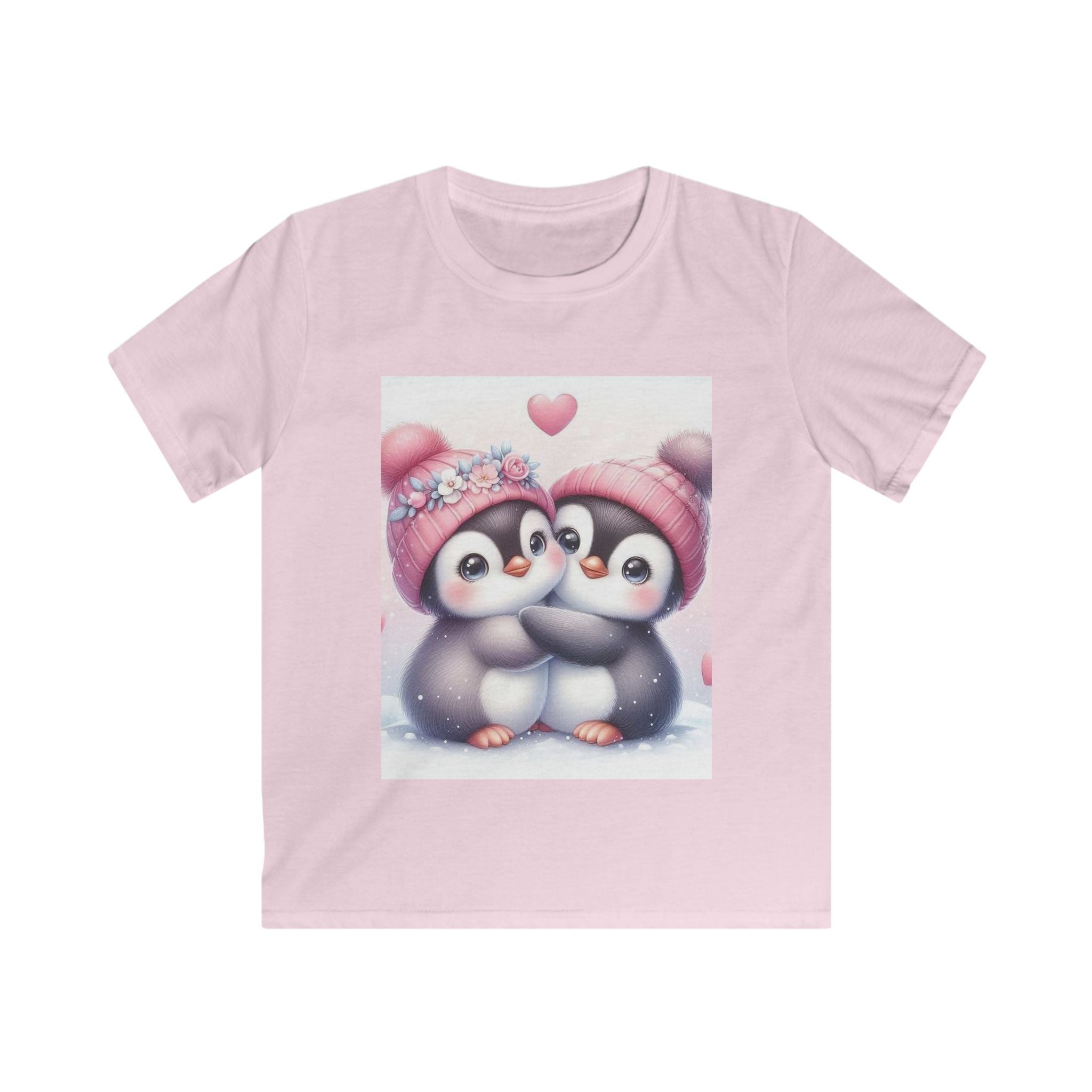 Maglietta bambino rosa chiaro con stampa di due pinguini e cuoricino rosa sul petto