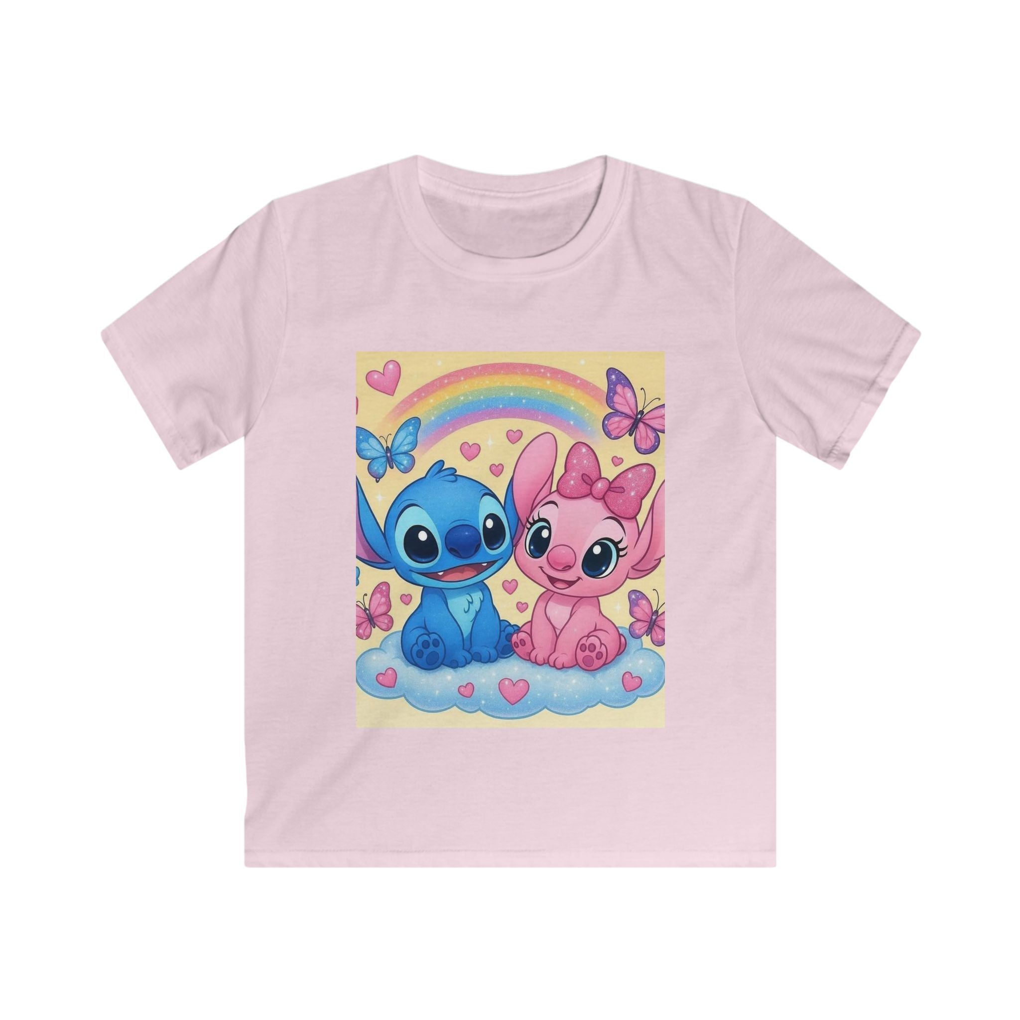 Maglietta bambino rosa chiaro con stampa arcobaleno e due personaggi dei cartoni