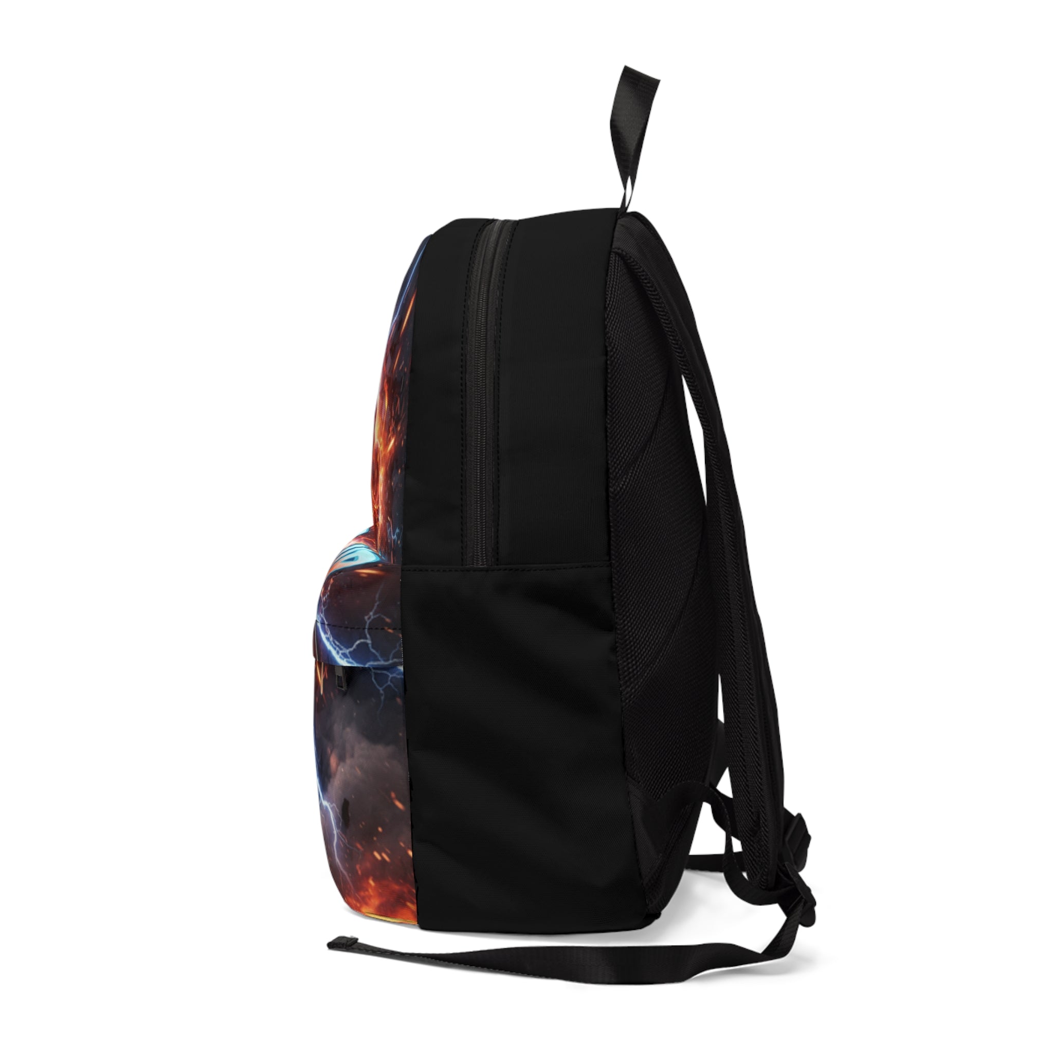 Zaino nero con spallacci e cinghia, stampa laterale blu e arancio
