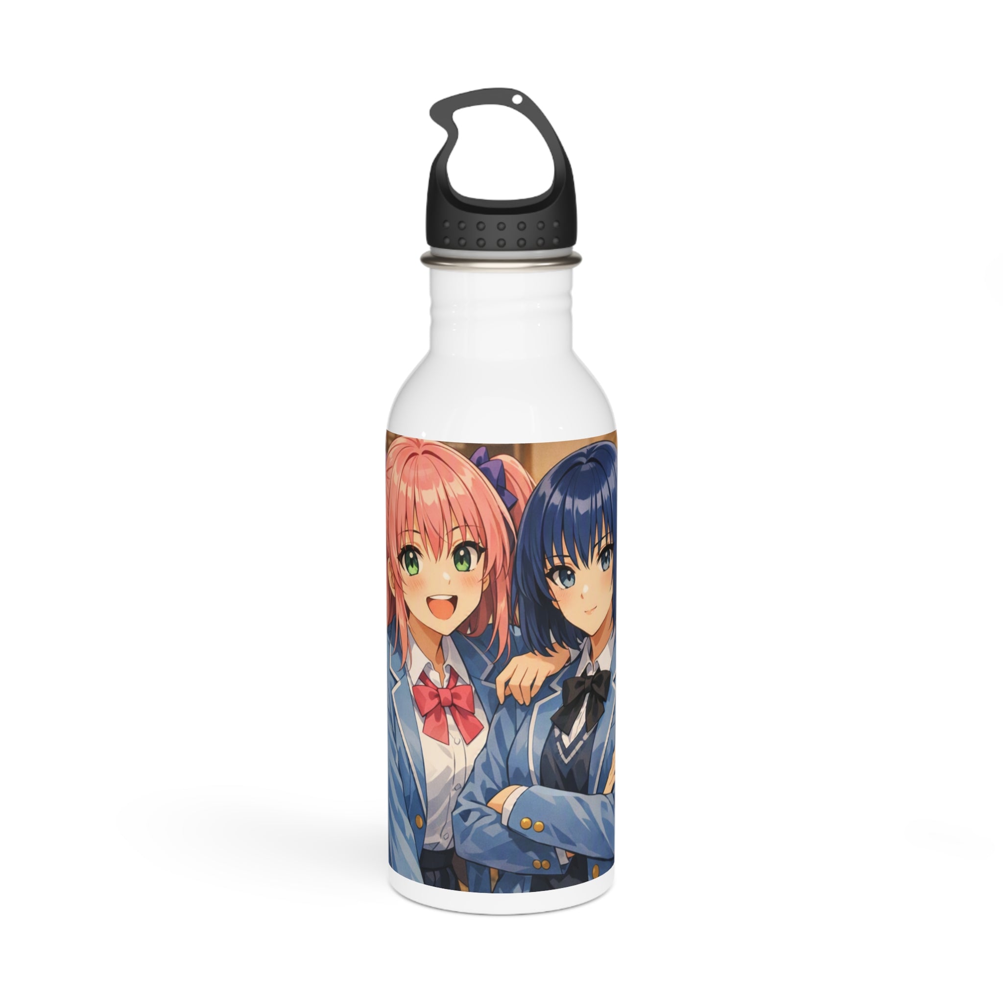 Bottiglia d’acqua in acciaio bianca con tappo nero e stampa anime, in piedi.