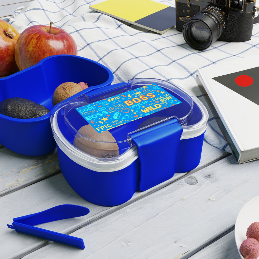 Bento a due scomparti blu con coperchio trasparente e tasche per riporre il cibo