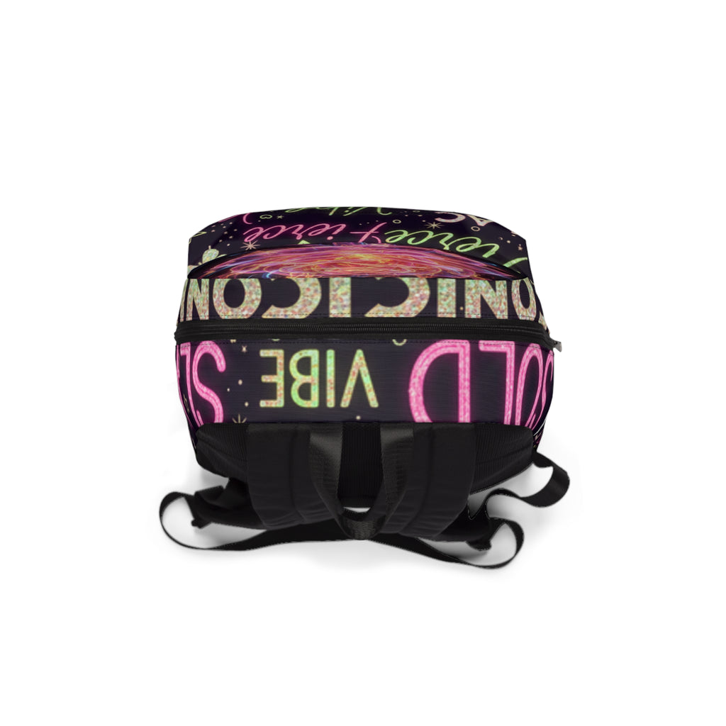 Zaino nero con fondo imbottito e parte superiore a stampa all-over viola e rosa