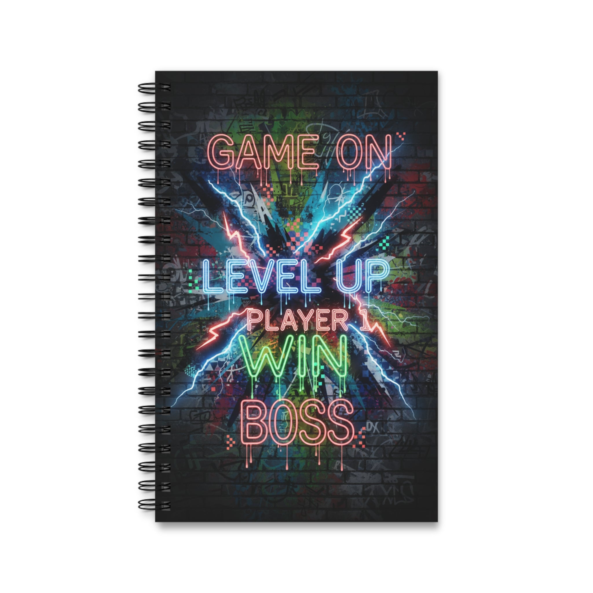 Quaderno a spirale nero con scritta neon “GAME ON LEVEL UP PLAYER WIN BOSS”