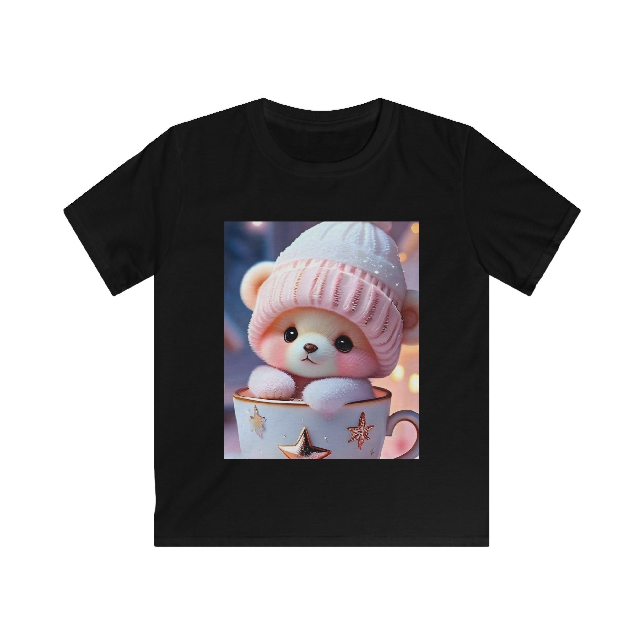 Maglietta per bambino nera con stampa quadrata di peluche con cappellino