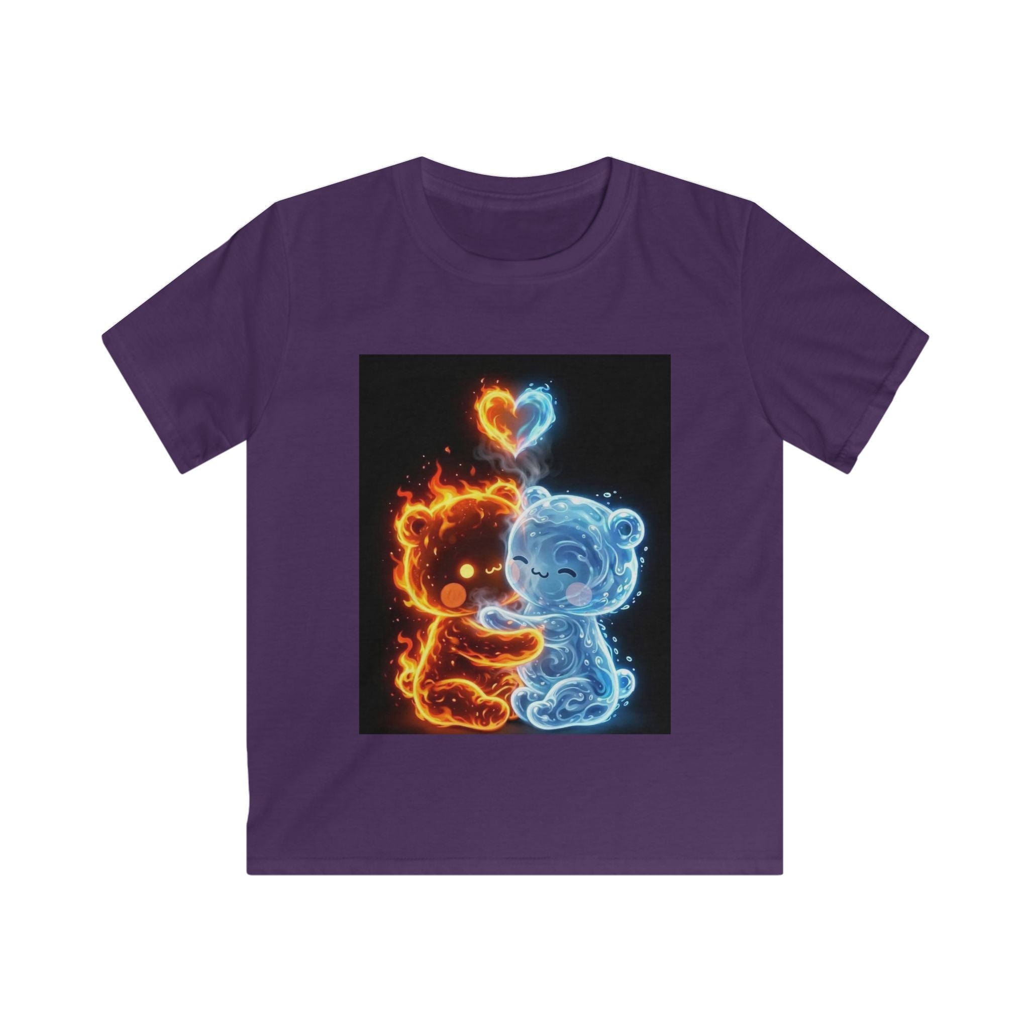 Maglietta bambino viola con stampa cuore fuoco arancione e blu, quadrata