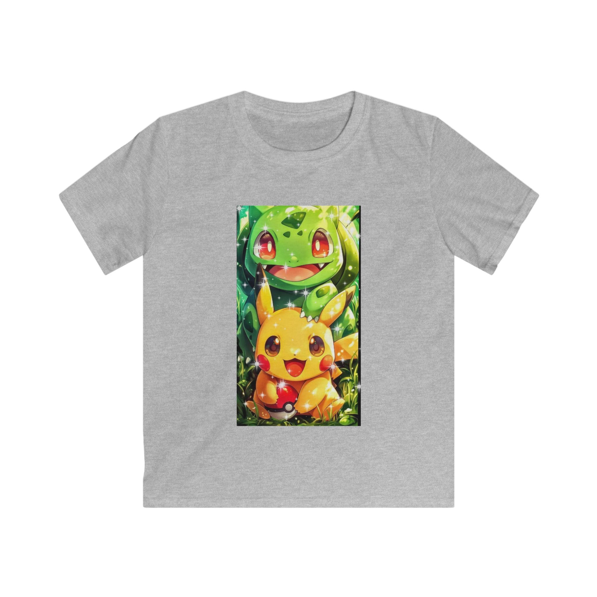 T-shirt bambino grigio chiaro con stampa rettangolare di personaggi verdi e gialli