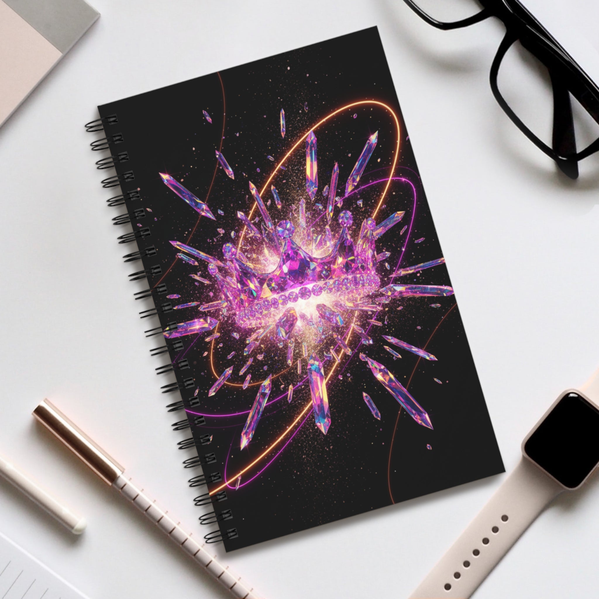 Quaderno a spirale nero con grafica esplosione viola e rosa, copertina in primo piano.