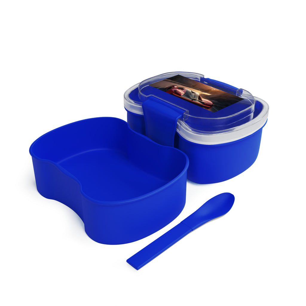 Mavi iki katmanlı bento kutusu: iki bölmeli, şeffaf kapaklı, çıkarılabilir tutacaklı
