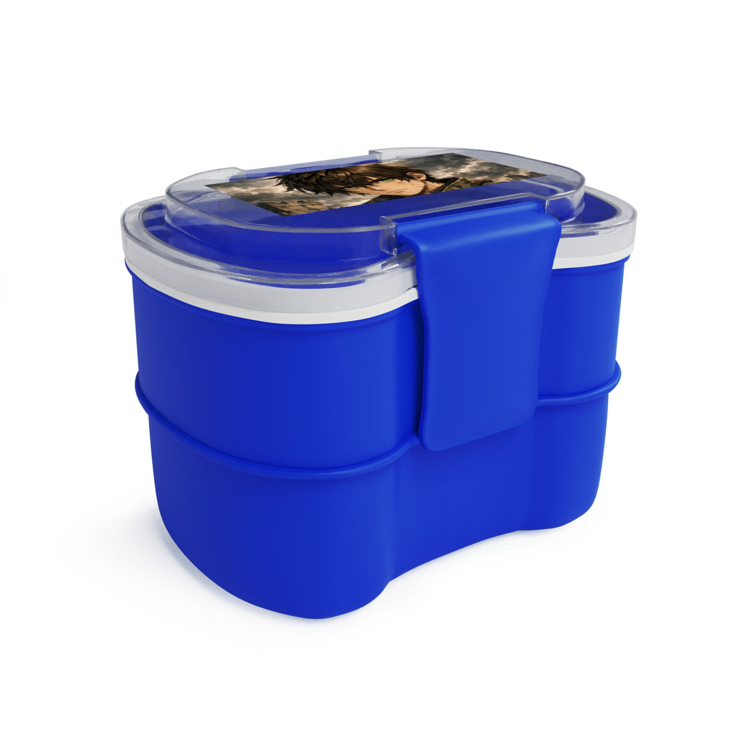 Bento due livelli blu con coperchio trasparente chiuso e maniglia laterale.