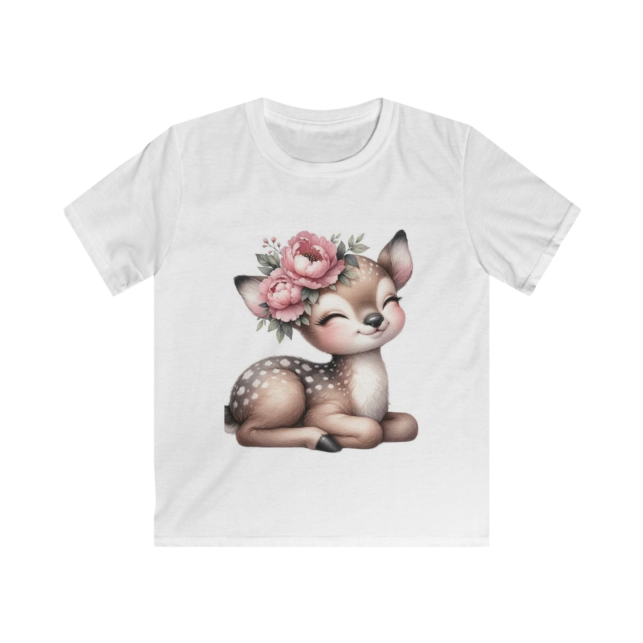 T-shirt bambino bianca con stampa cerbiatto con fiori rosa e grafica centrale
