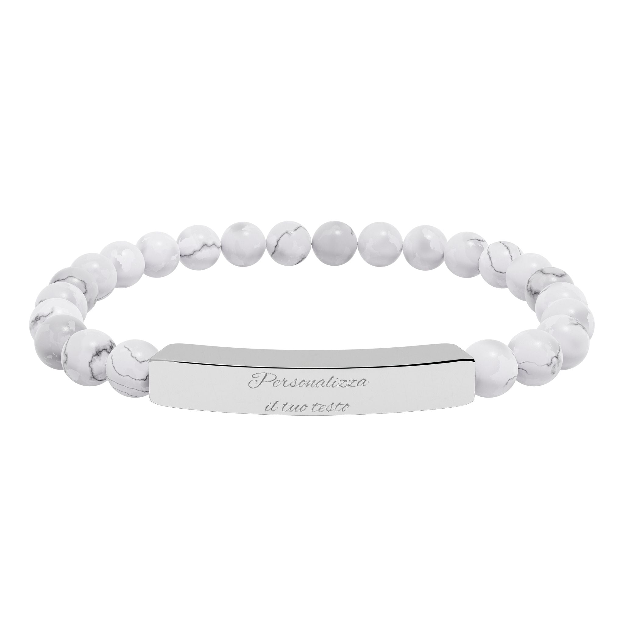 Bracciale in pietre naturali bianche con striature grigie e targhetta d’acciaio