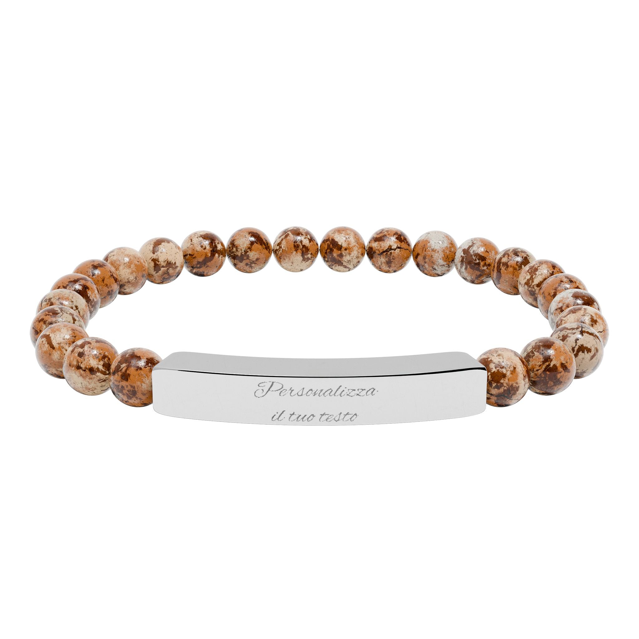 Bracciale in pietre naturali marroni screziate con targhetta d’acciaio e incisione