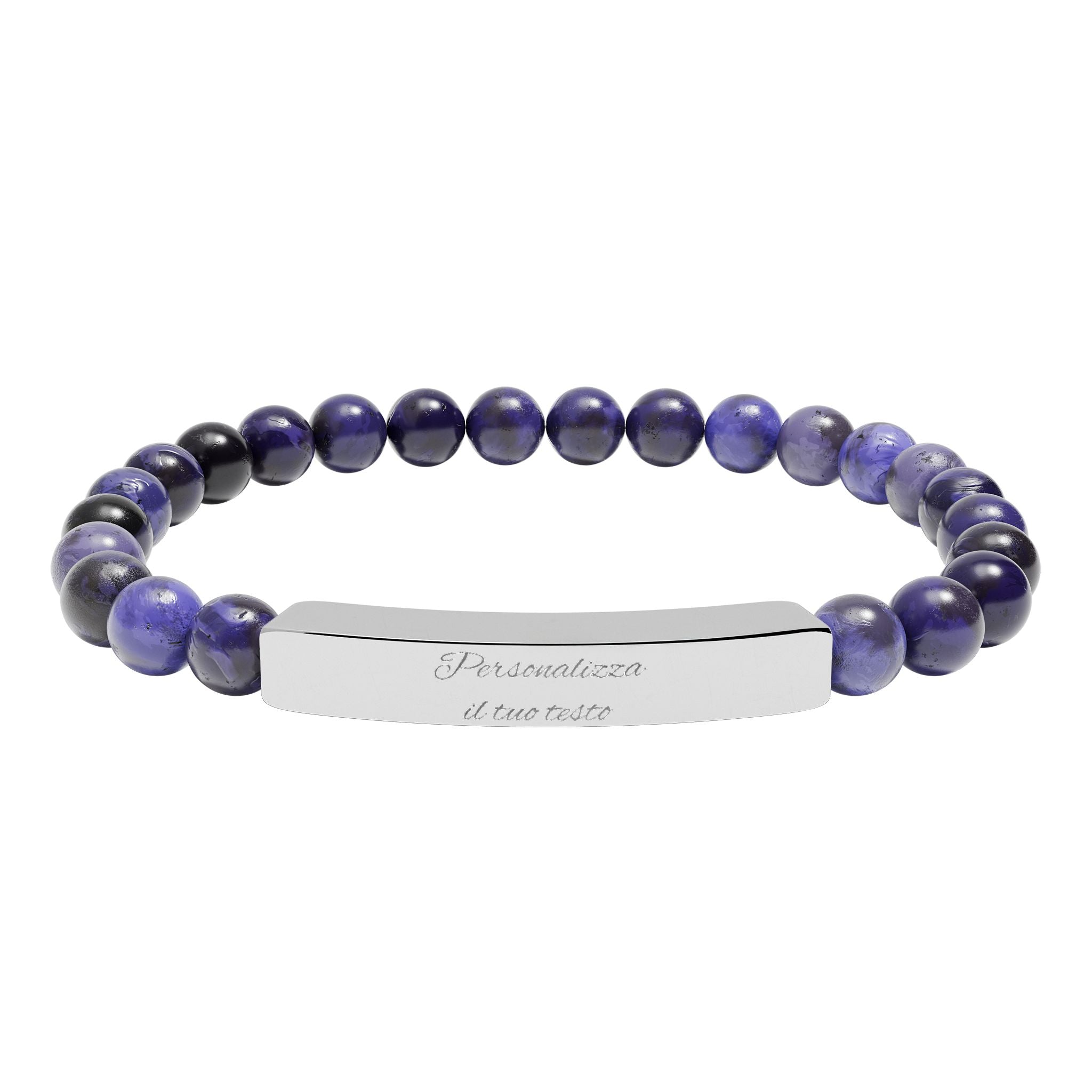 Bracciale in pietre naturali viola con targhetta d’acciaio e incisione
