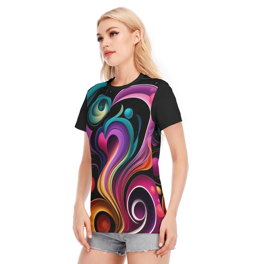 T-shirt donna nera con stampa astratta multicolore, scollo rotondo e maniche corte