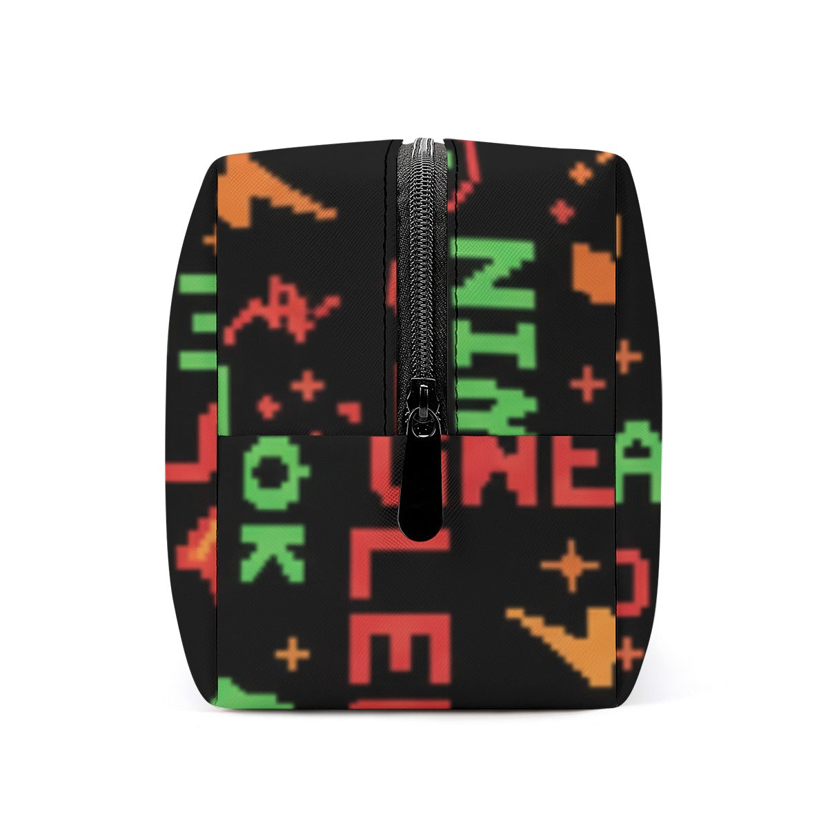 Astuccio cosmetici in PU nero con zip centrale e fantasia pixel verde e arancione