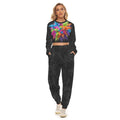 Tuta donna nera con top a maniche lunghe e stampa arcobaleno, pantaloni jogger