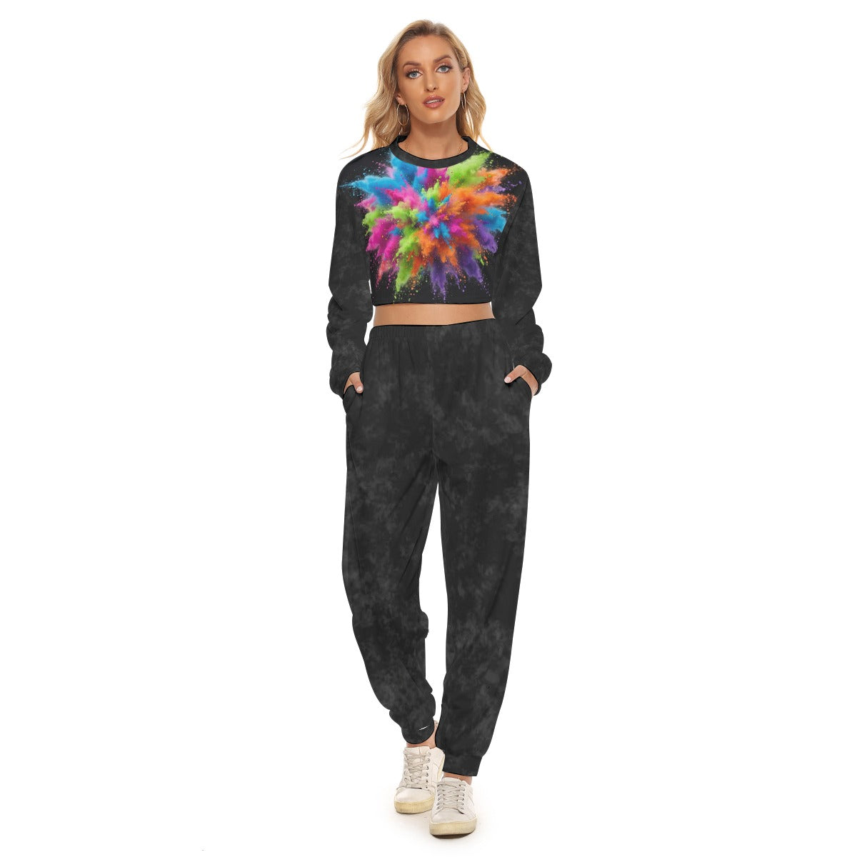Tuta donna nera con top a maniche lunghe e stampa arcobaleno, pantaloni jogger